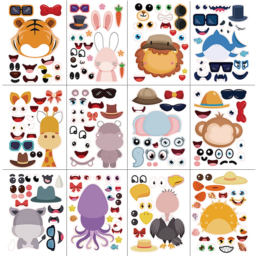 Owving 12 Pcs Make a Face Animal Stickers Safari Theme Stickers Mix and Match Sticker for Kids Game,Kids Party Favor,Kids Birthday Party Supplies(Zoo Theme 1)