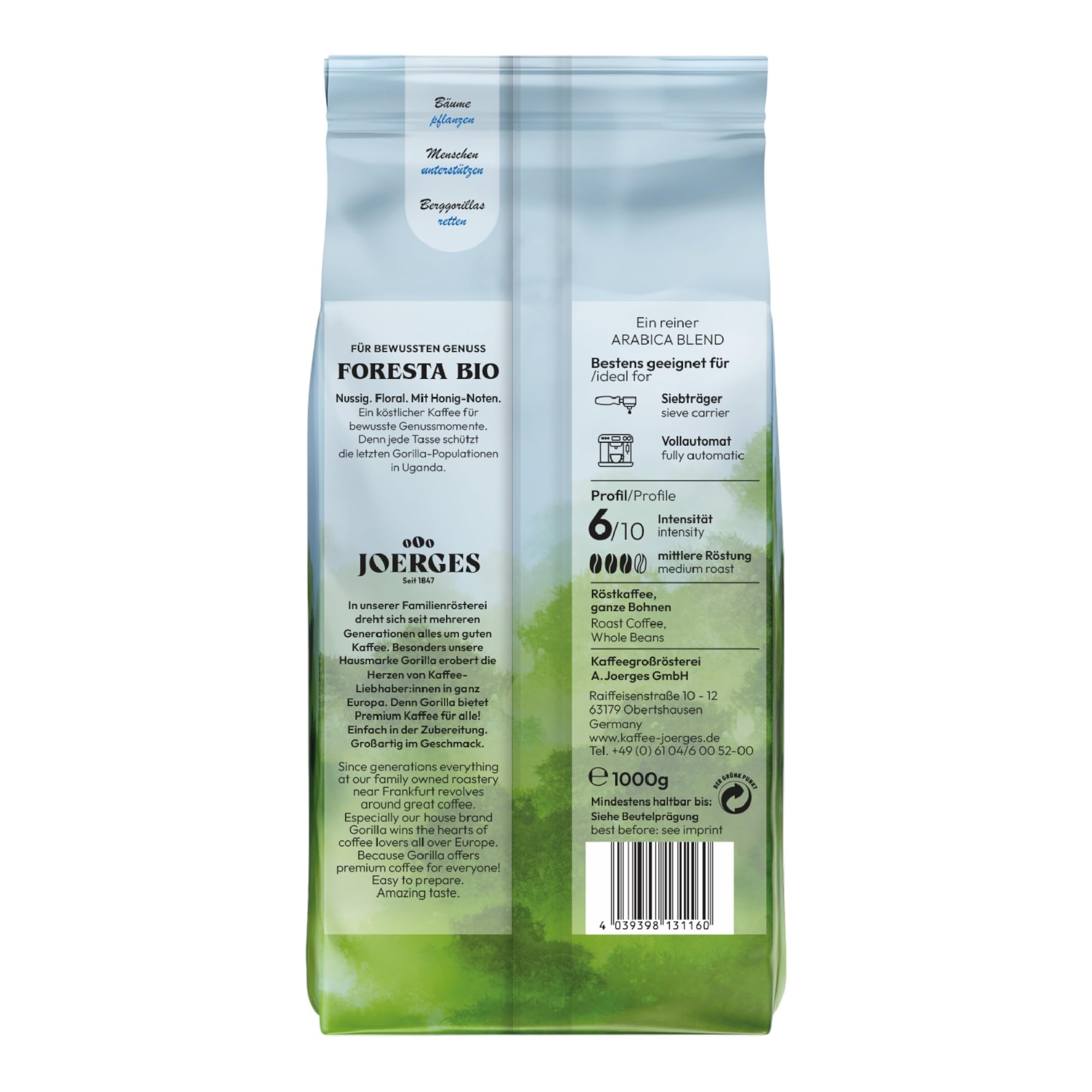 Joerges Gorilla Foresta Kaffee 2x 1kg geröstete ganze Bohnen Doppelpack | Arabica Blend Ganze Bohne | Siebträger Vollautomat | Espresso-Kaffee