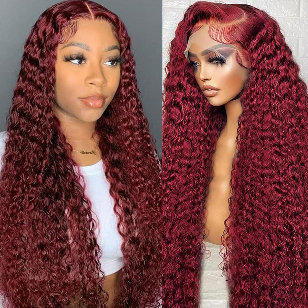 Wine Red Beauty Wavy Lace Front Wig KeirineCC Deep Wave Lace Front Wigs Human Hair, Wine Red  main image 2