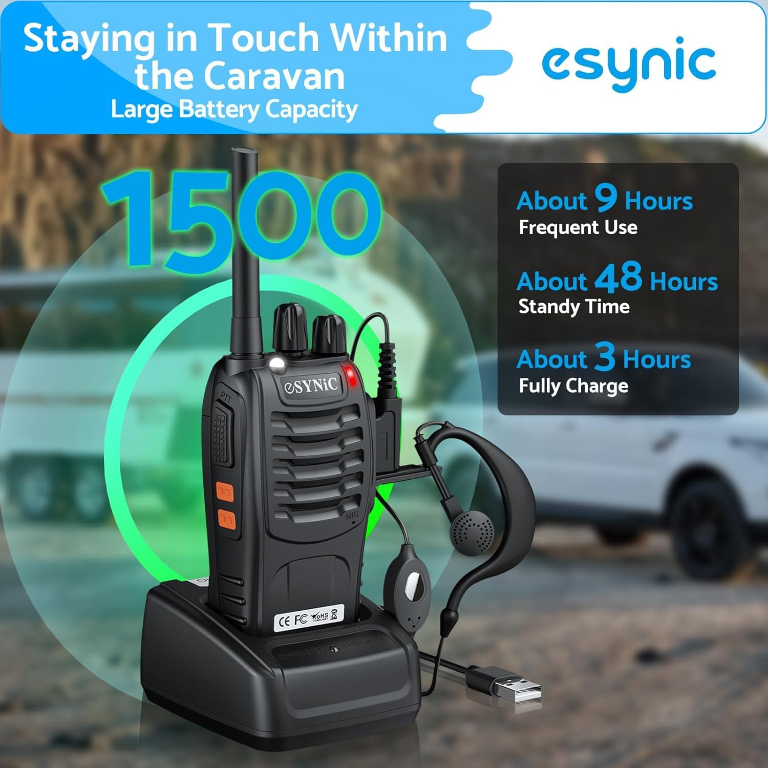 eSynic 10pcs Talkies-Walkies Longue Distance avec Écouteurs Talkie Walkie Professionnel 16 Canaux 1500 mAh avec Chargeur USB Compatible VOX pour la Survie en Pleine Nature Cyclisme
