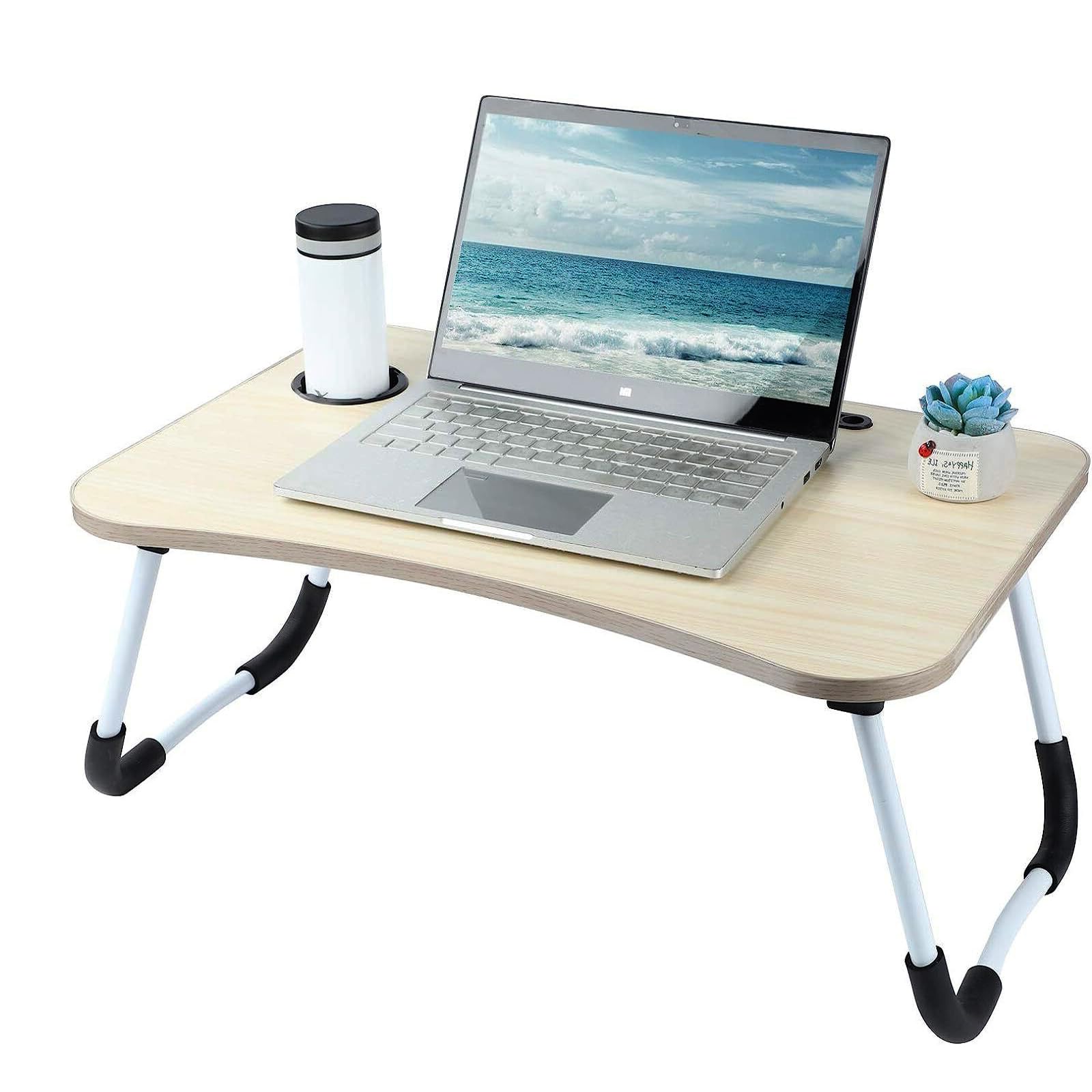 Ntek White Maple Laptop Desk, Laptop Bed Table With Foldable Legs & Cup Slot, Tablet Holder, Breakfast Tray, Portable Lap Desk For Sofa, Bed, Couch, Reading & Writing, Watching Movies (White Maple)