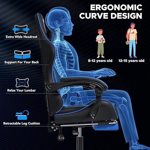 Miniatura 5 de Silla de juegos con silla ergonómica de masaje para computadora con reposapiés y soporte lumbar, silla de juegos de PC reclinable para niños con