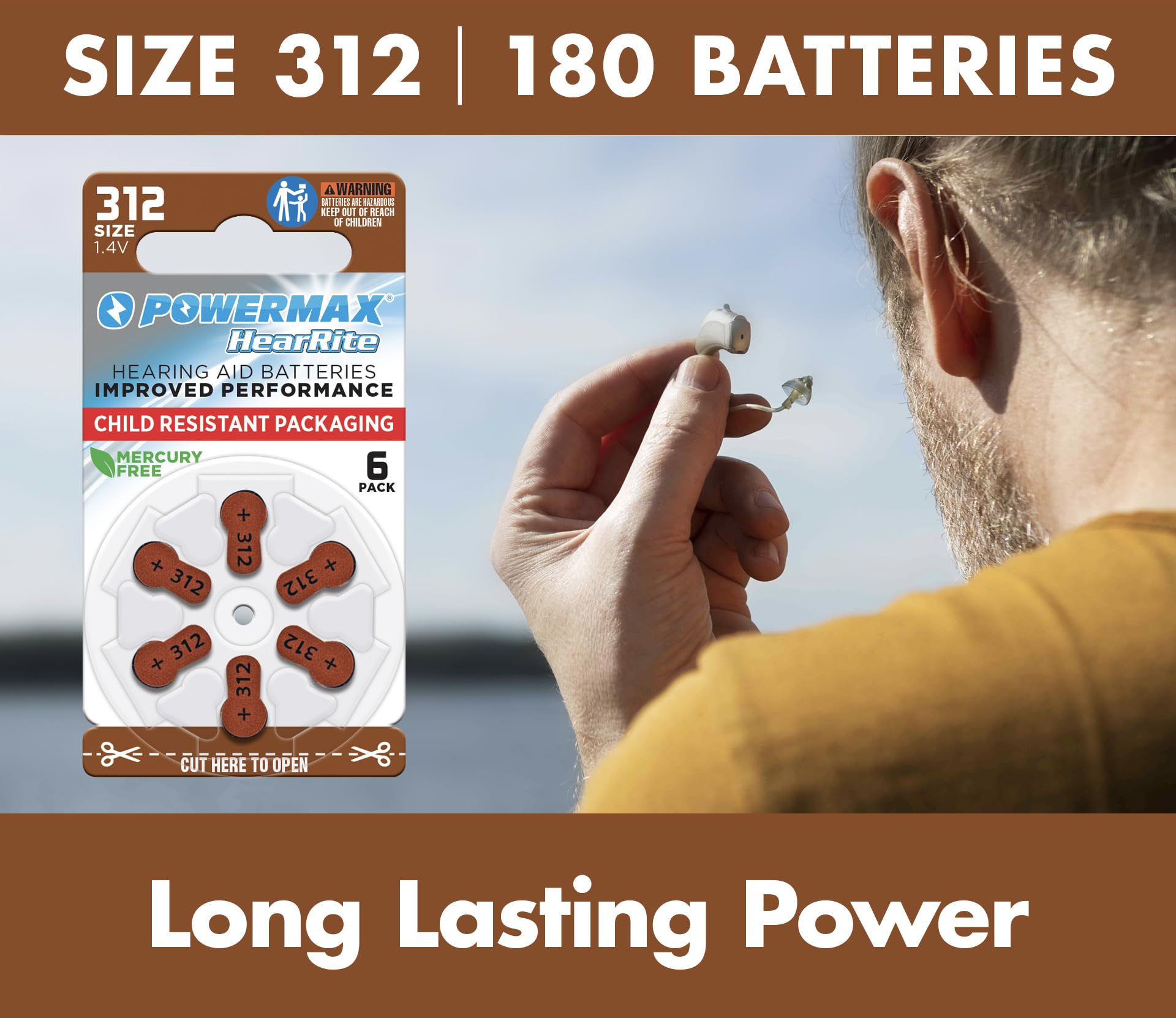 Powermax Size 312 Hearing Aid Batteries, 180 Count Long-Lasting Battery Pack, Brown Long Tab for Easy Change