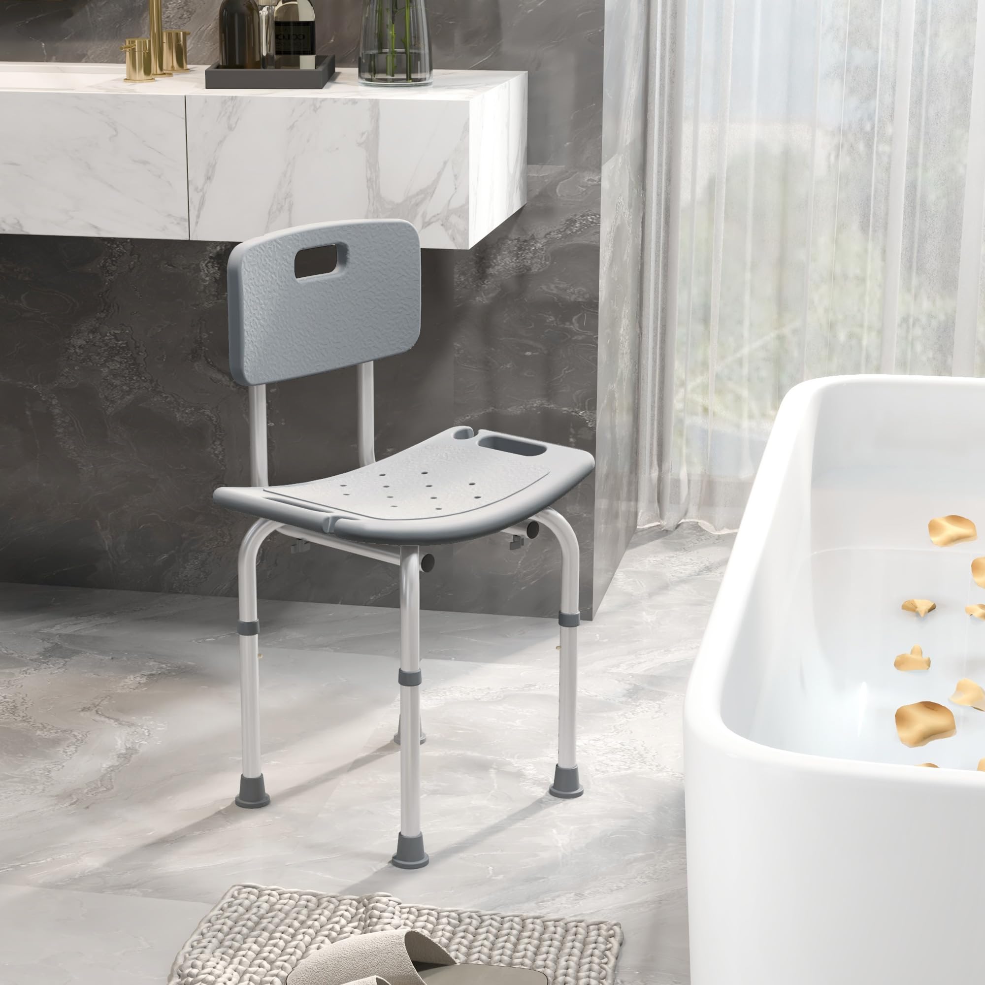 HOMCOM Silla Ducha Personas Mayores Taburete de Ducha Silla para Ducha con Respaldo Antideslizante Altura Regulable en 8 Niveles Carga 136 kg para Ancianos y Discapacitados