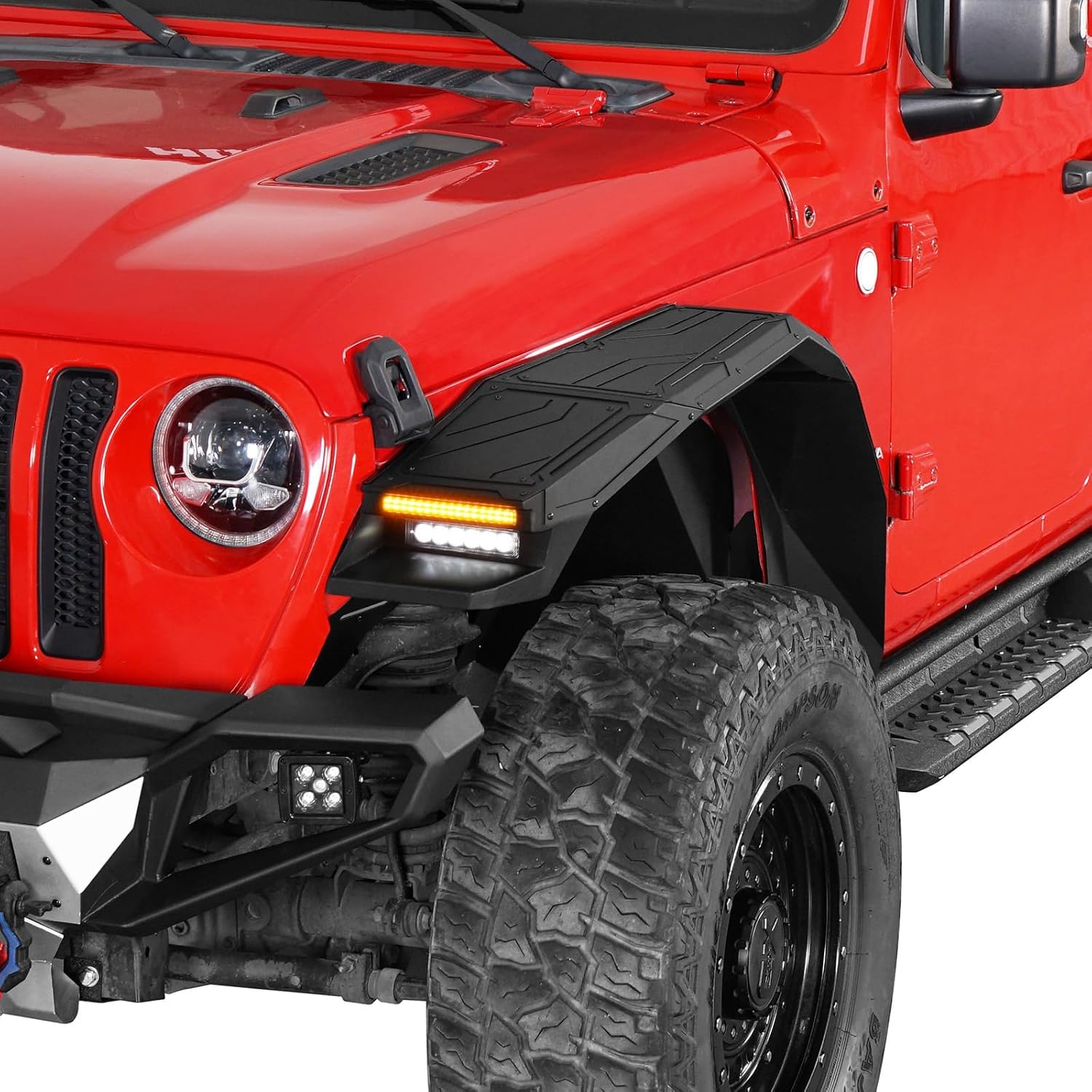Hooke Road JL 9.8-Inch Wide Flat Fender Flares for 2018-2026 Jeep Wrangler JL & JLU 2/4 Doors, Aluminum Front and Rear Fenders with Lights - 4 PCS Set