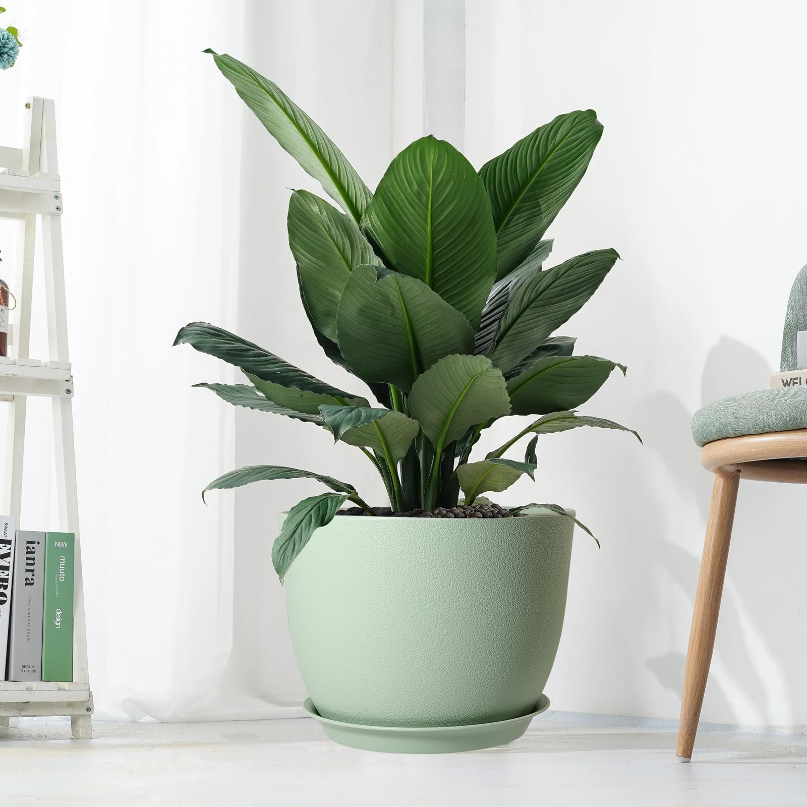 UOUZ Maceta grande de 12 pulgadas, moderna maceta de plástico con agujeros altos y platillo para plantas y flores de jardín en interiores y exteriores, color verde