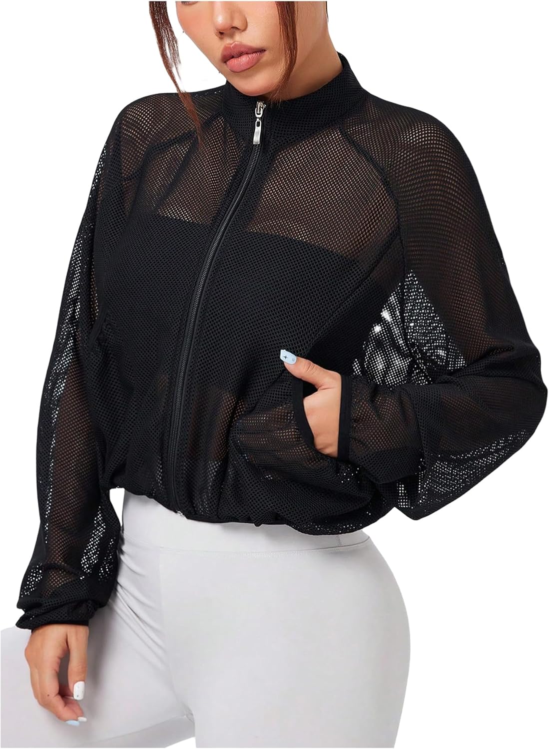Verdusa Women’s Mesh Sheer Zip Up Jacket Mock Neck Lightweight Athletic Outerwear with Pockets