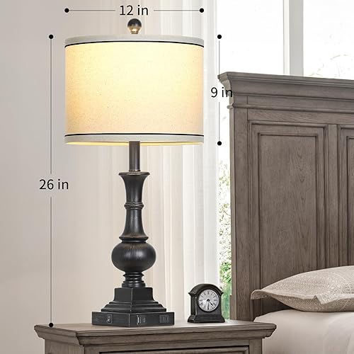 Miniatura 5 de Farmhouse Lamps Set of 2, Antique Vintage Rustic Touch Control Table Lamps with USB A+C Ports & AC Outlet, Retro Classic Bedside Nightstand Lamp for