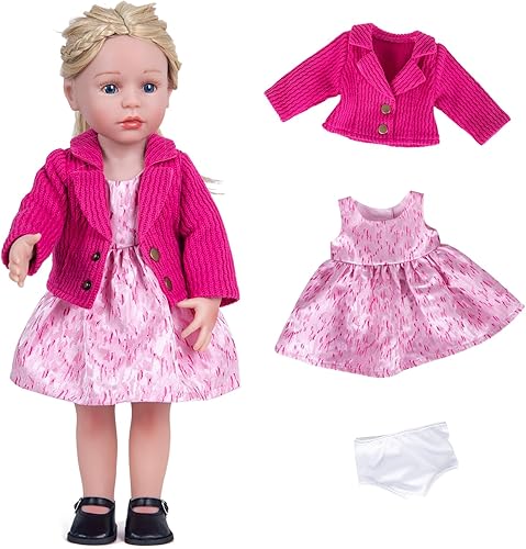 Rakki Dolli Juego de 3 accesorios de ropa de muñeca, chaqueta de punto rosa y vestido de falda y ropa interior blanca, juego de vestido de moda para