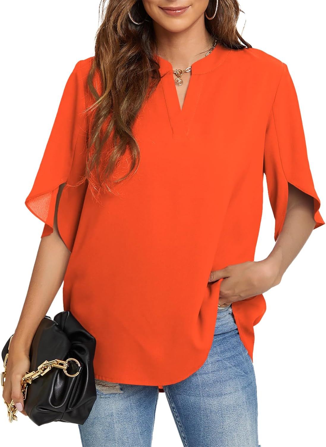 FUNLINGO Women's Summer Tops Short Sleeve Casual Shirts V Neck Chiffon Dressy Blouse Tops