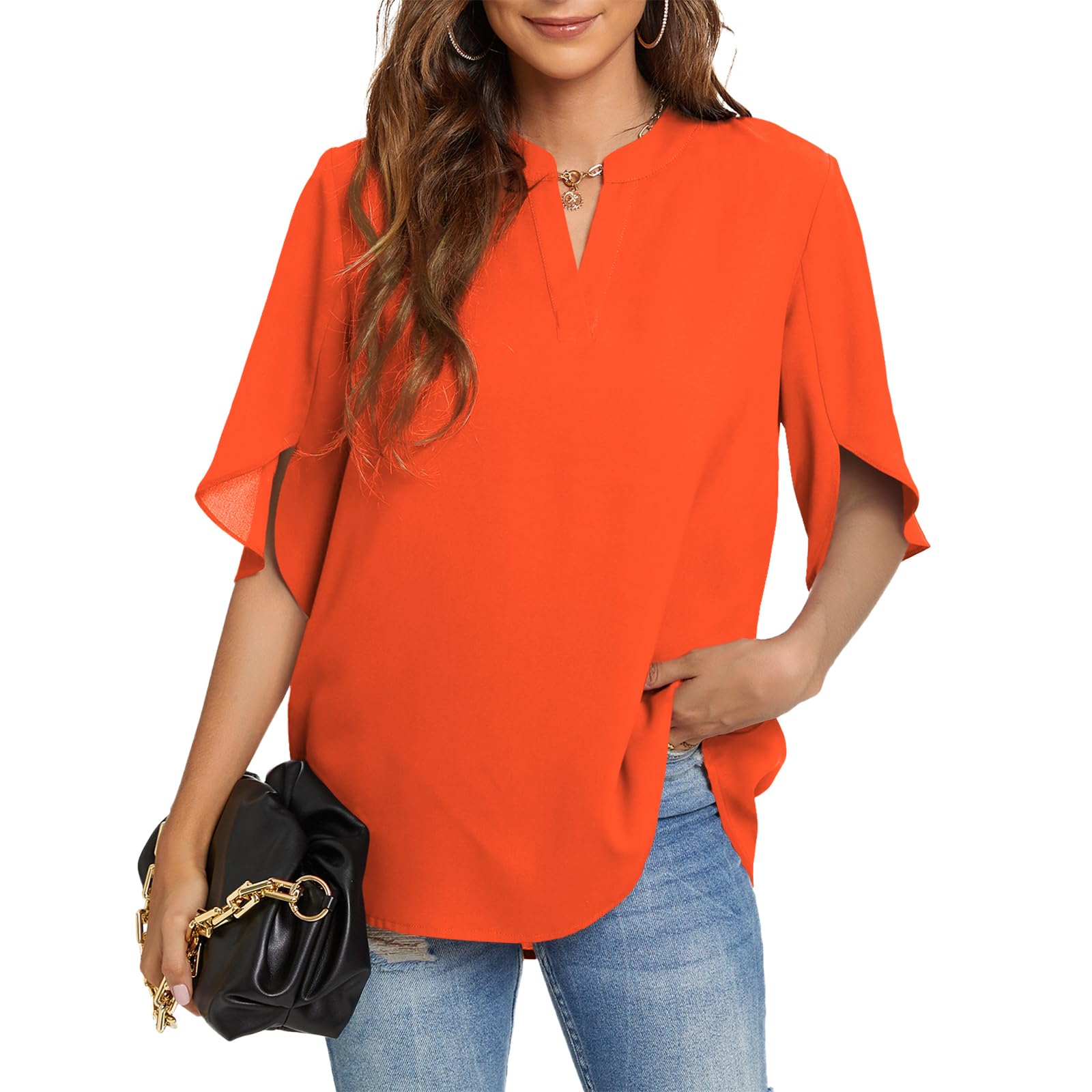 FUNLINGO Women's Summer Tops Short Sleeve Casual Shirts V Neck Chiffon Dressy Blouse Tops