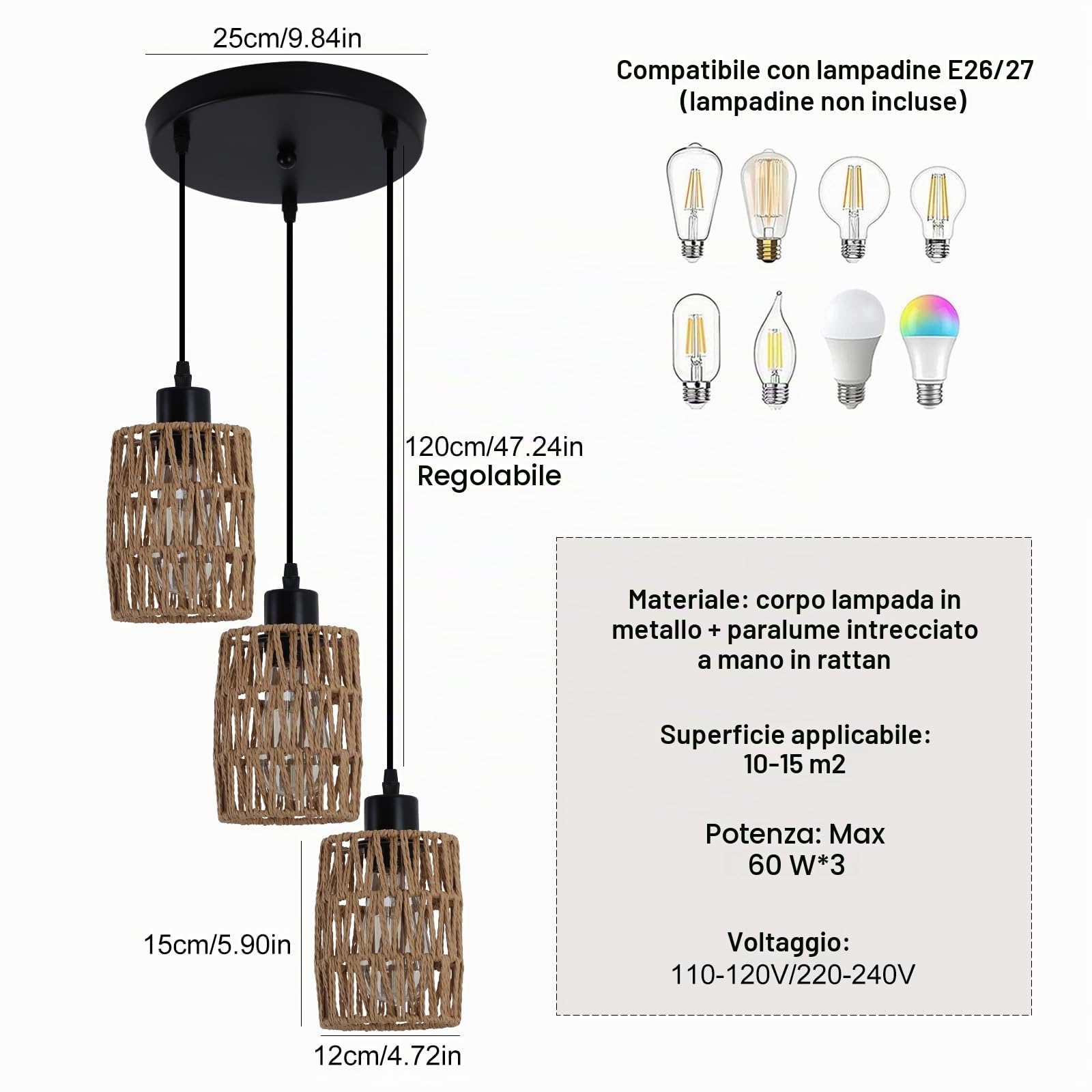 Lampadario a Sospensione Rattan Boho 3 Luci Altezza Regolabile | Intrecciato a Mano con Rattan Naturale, Stile Rustico Vintage, Perfetto per Sala da Pranzo, Cucina e Soggiorno