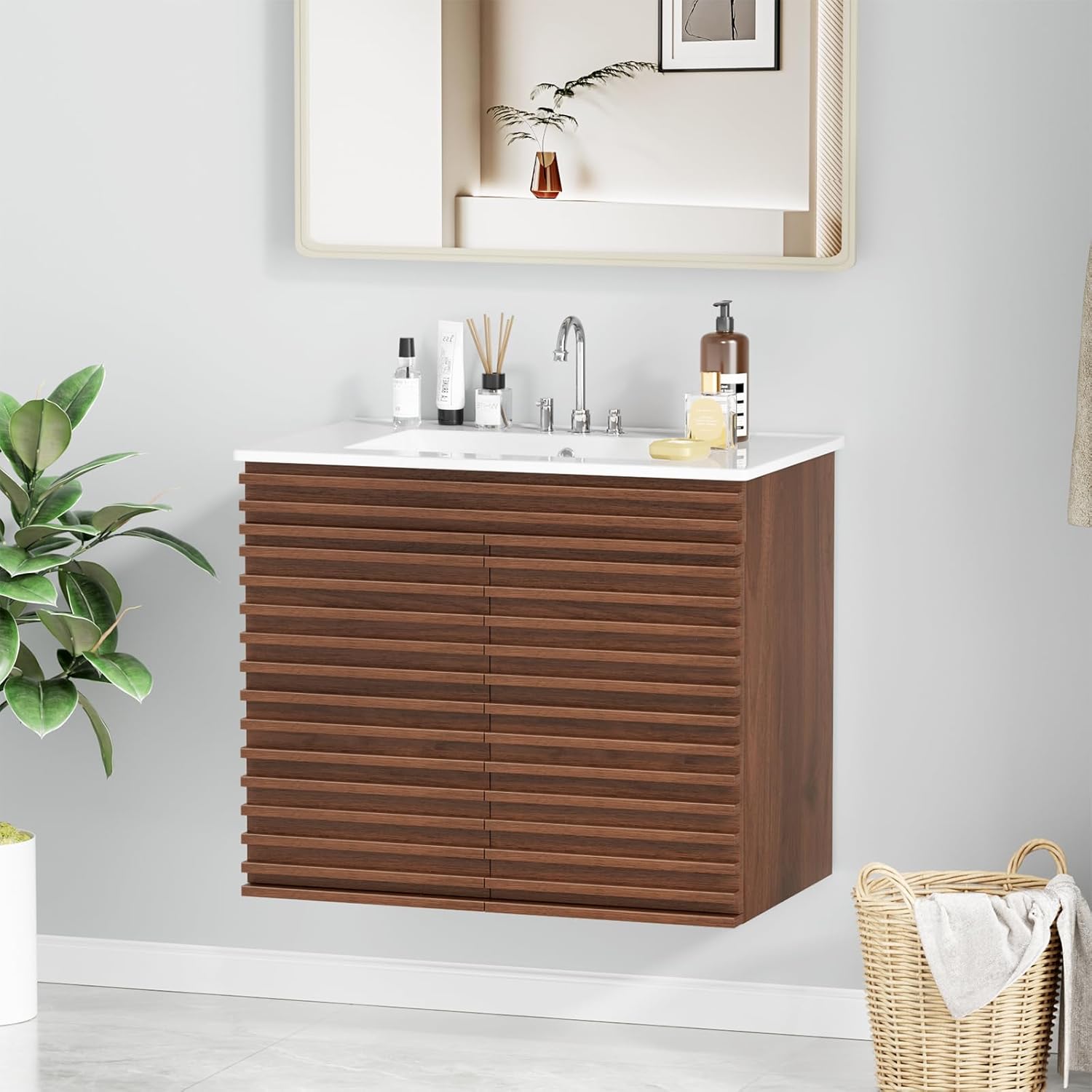 ROOMTEC 30" Bathroom Vanity with Ceramic Sink Combo, Mid-Century Wall Mounted Floating Vanity Cabinet with 2 Closing Doors, Wood Grain Texture, Walnut