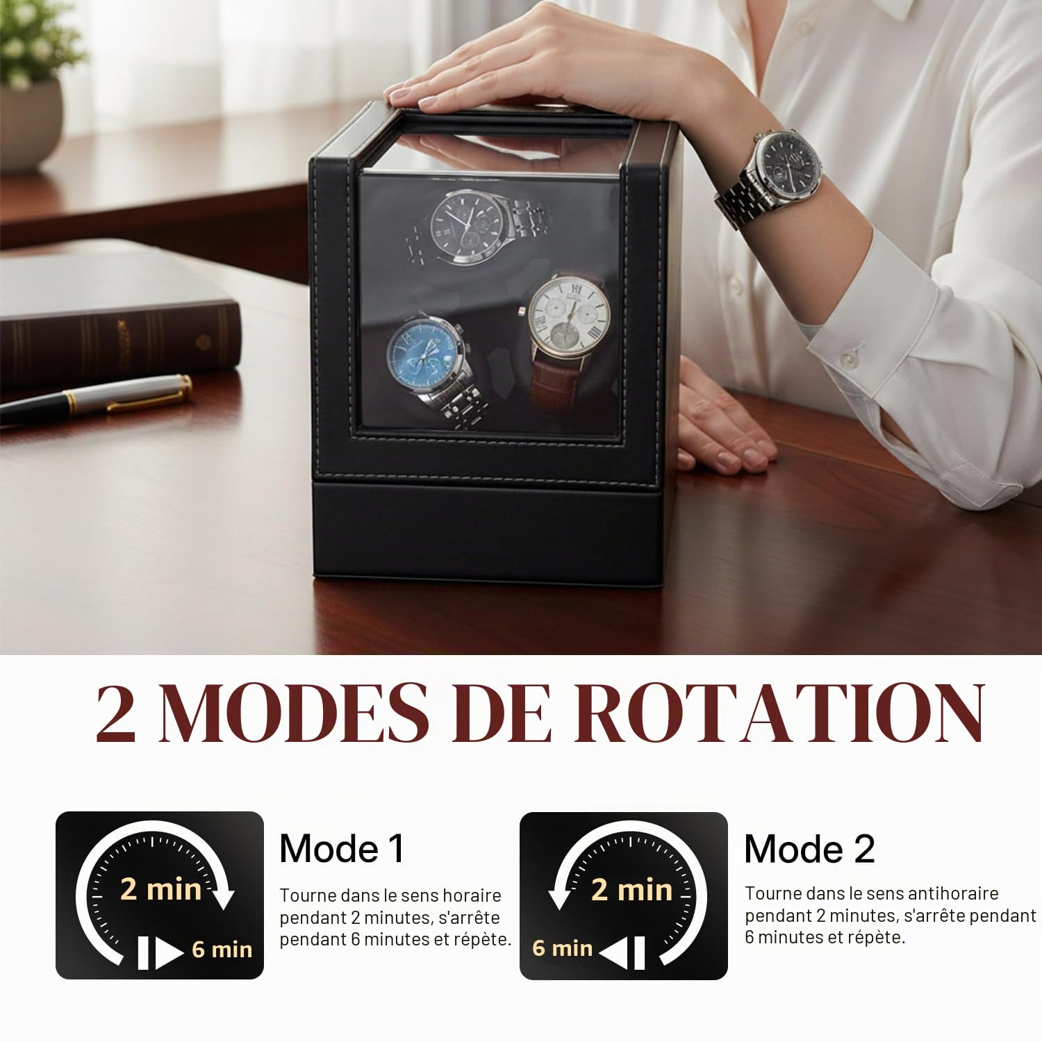 Mcbazel Remontoir Automatique pour Montres - Boîte en Cuir, Moteur Silencieux, 2 Modes de Rotation, Boîte de Présentation pour Collection de Montres