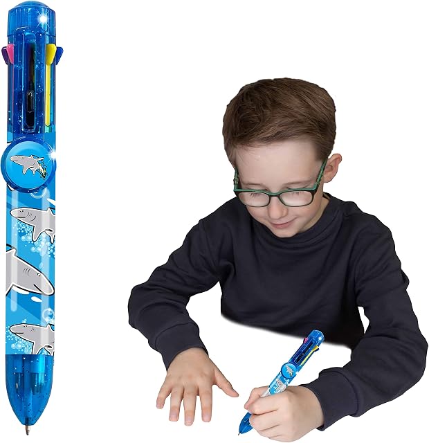 Deluxebase Rainbow Writer - Shark, Multicolour Pen from 8 in 1 retractable ballpoint pen, great novelty pens for kids and ideal office or school supplies
