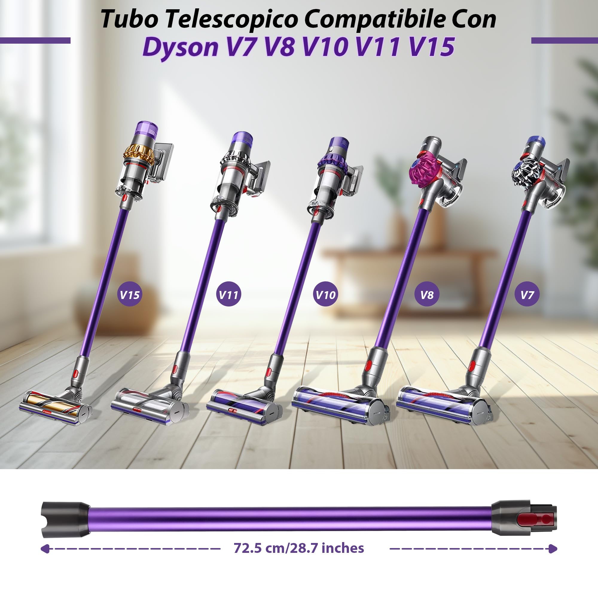 Tubo di Prolunga compatibile con Dyson V7 V8 V10 V11 V15, Tubo Telescopico Rigido, Asta di Estensione con Spazzole 2 in 1, Accessorio Aspirapolvere, Viola