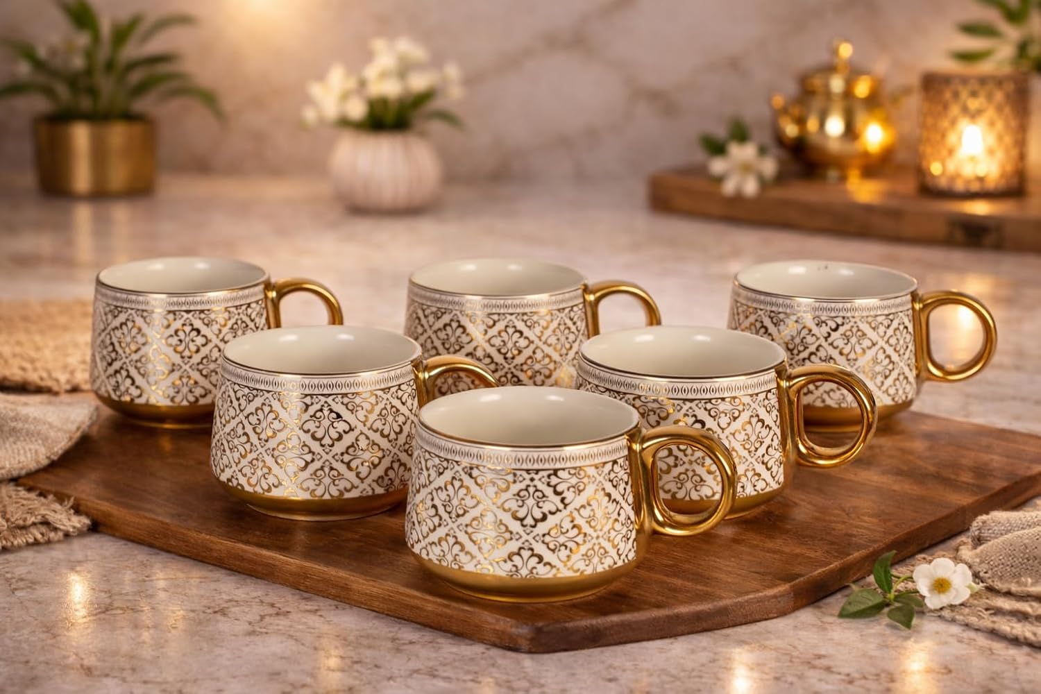 Porcelain Tea Set with 1 Kettle, 6 Piece Tea Cup Set, Aesthetic Classic Teaware Set for Home, Kitchen Decor & Gifting (Oriic Bloomm)