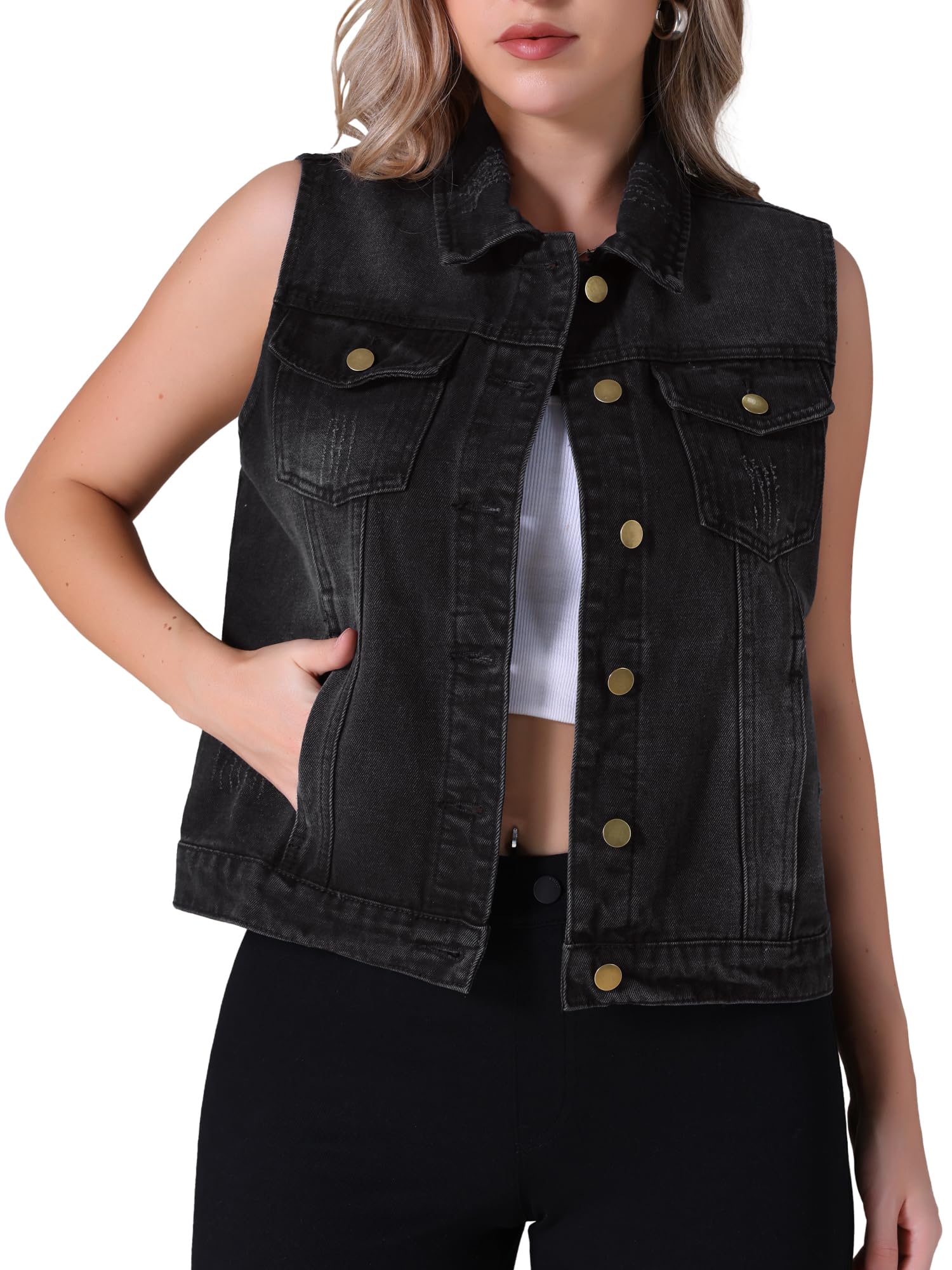 Donna Gilet in Denim con Bottoni Distressed senza Maniche Giacca Jean