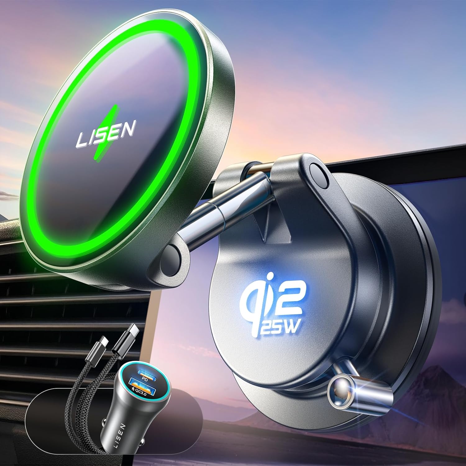 LISEN Qi2.2 25W MagSafe Car Mount Charger with Suction Cup - Fast Wireless for iPhone 16/15/14/13/12