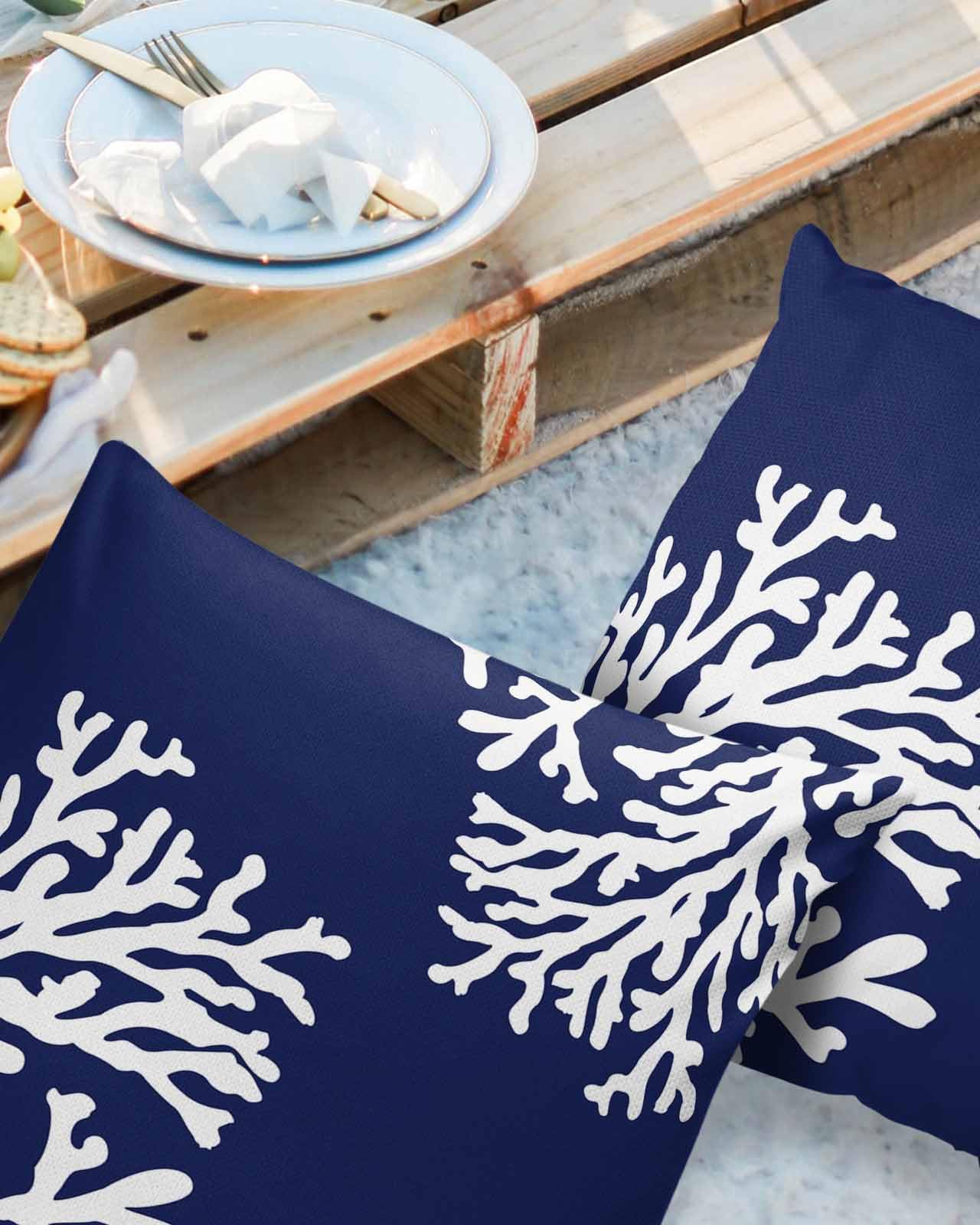 LBDecor Outdoor Throw Pillow Covers 24x24 Waterproof Navy Blue Coral Branches Outdoor Pillows Decorative Pillow Covers Cushion Covers Pillowcase for Patio Garden Couch Set of 2, Coastal Beach Theme