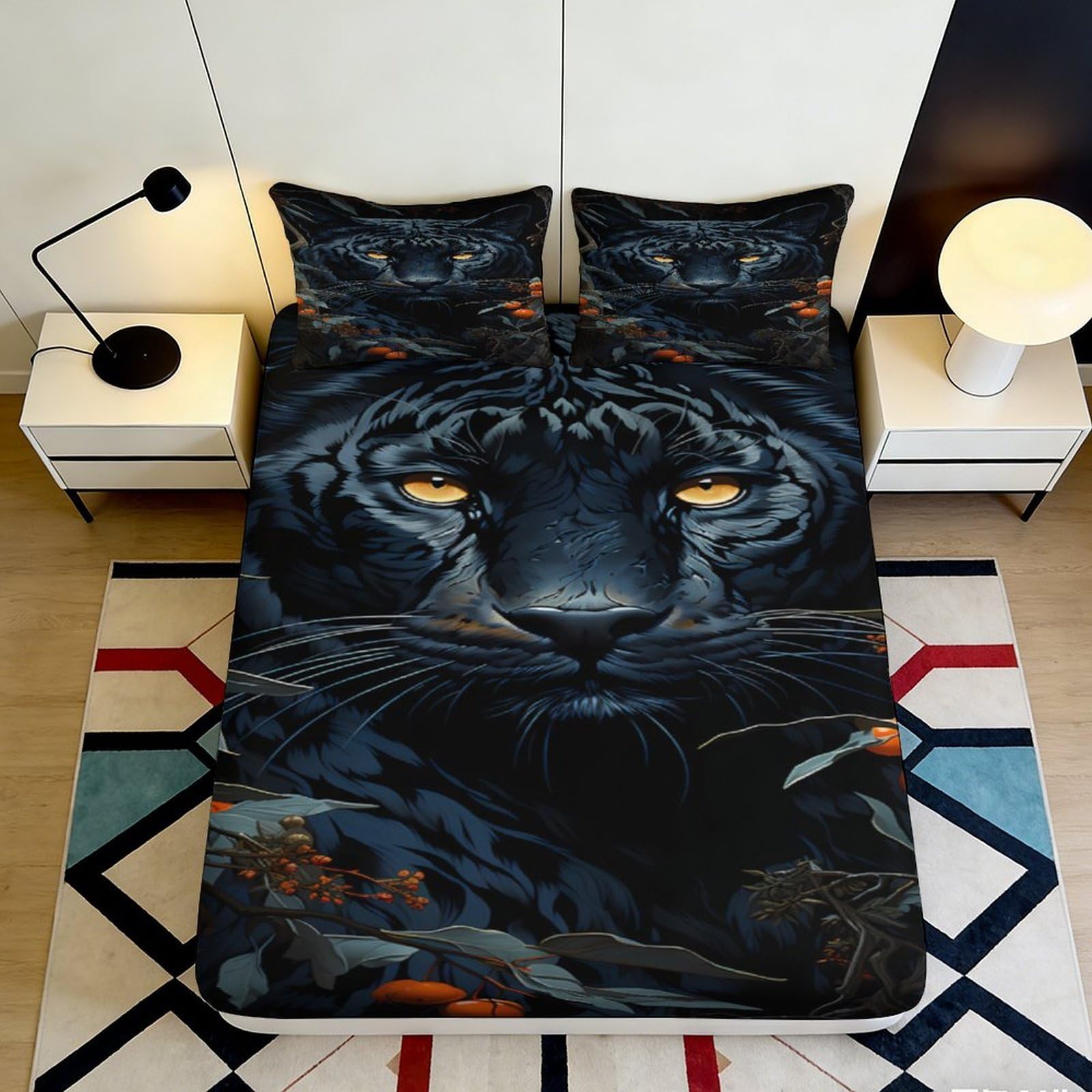 3D Printed Black Panther Fitted Sheet Microfiber Soft Bedroom Decor Tiger Face Mattress Cover Washable 90x200x25cm
