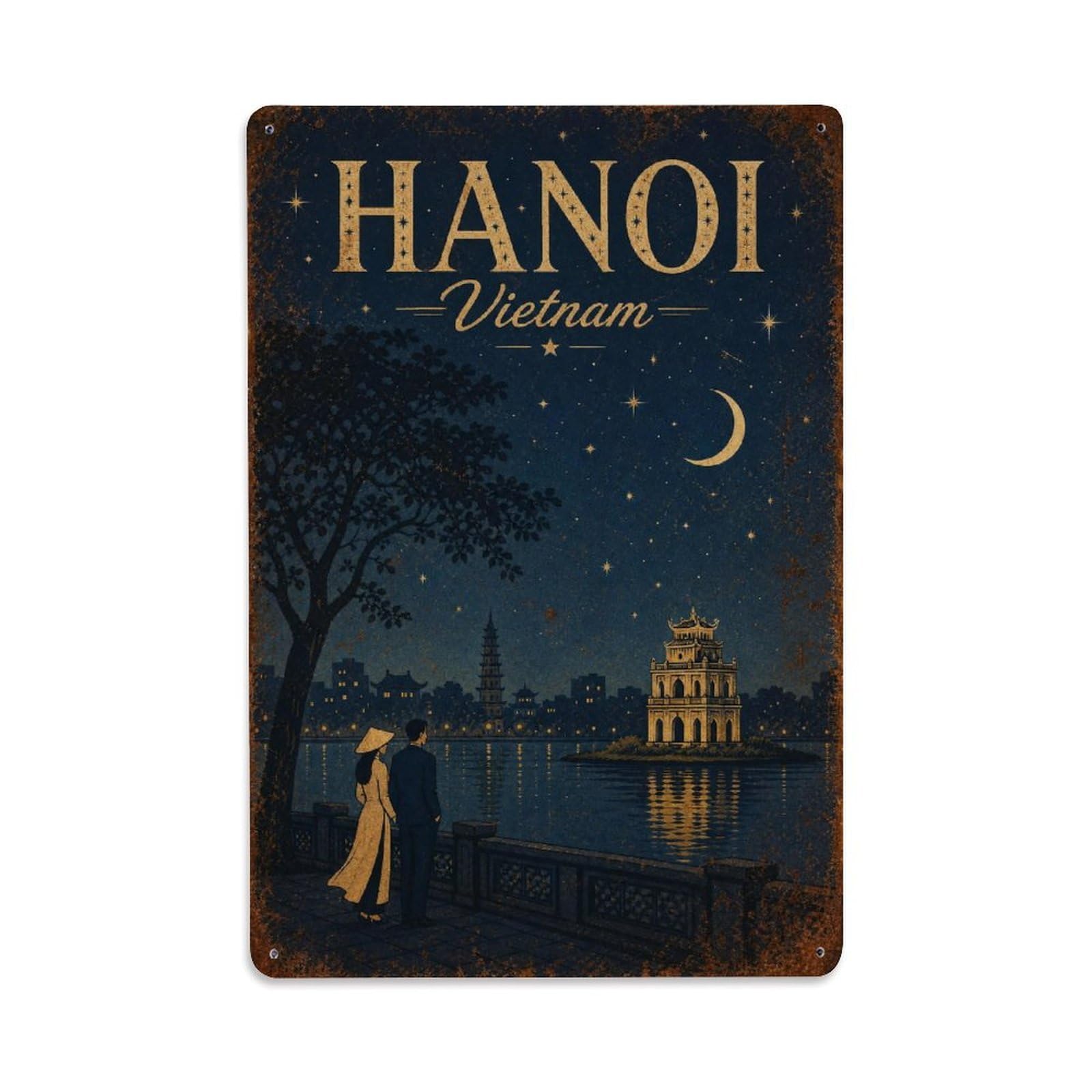 Vintage Vietnam Hanoi Night Temple Landmark Travel Metal Tin Sign