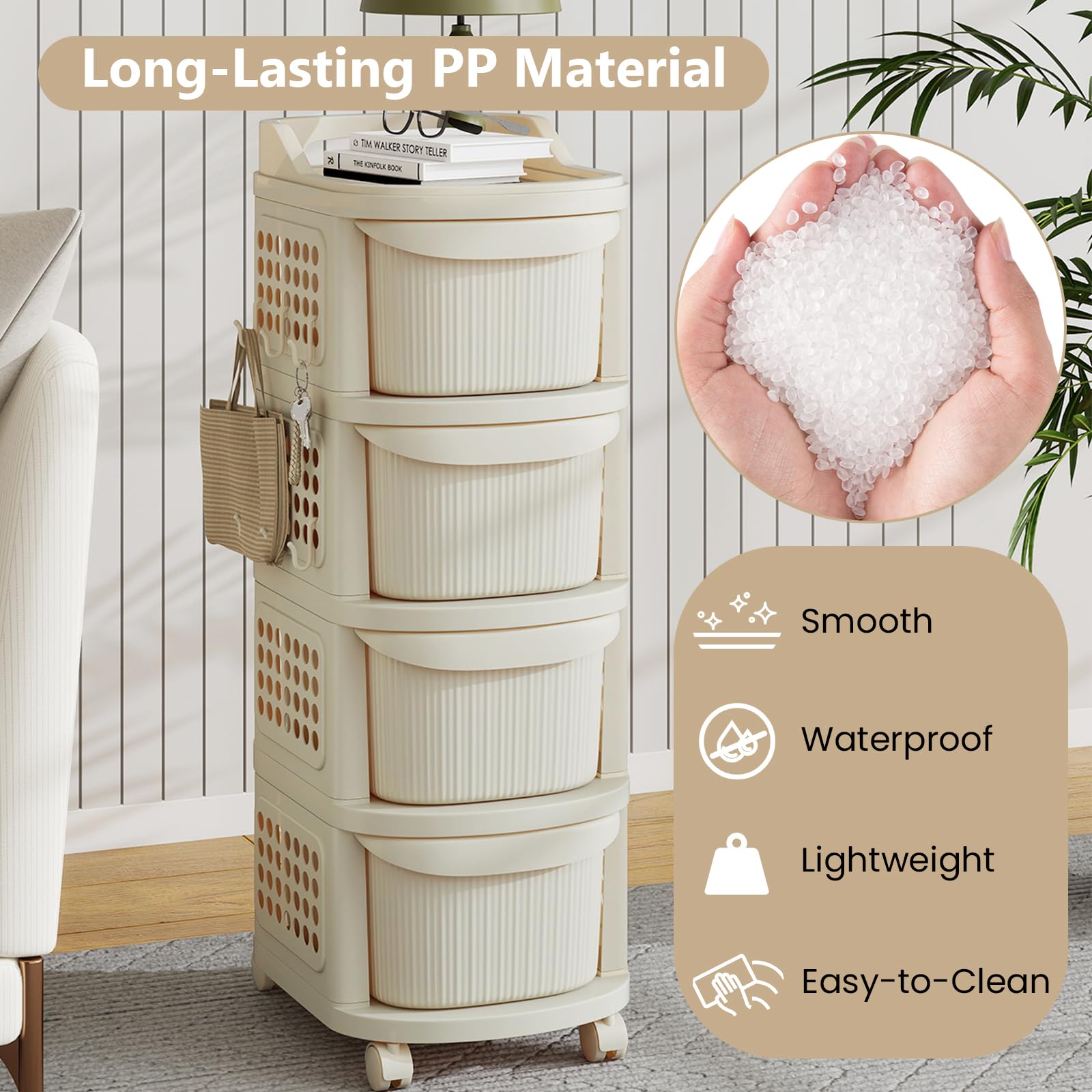 HOMASIS Carrello con 3/4 Cassetti, Pannello Forato, Maniglia e 6 Ganci, Carrello Portaoggetti con Ruote, Organizer Multiuso, Cassettiera Plastica da Cucina, Bagno, Ufficio, Beige (38 x 32 x 86 cm)