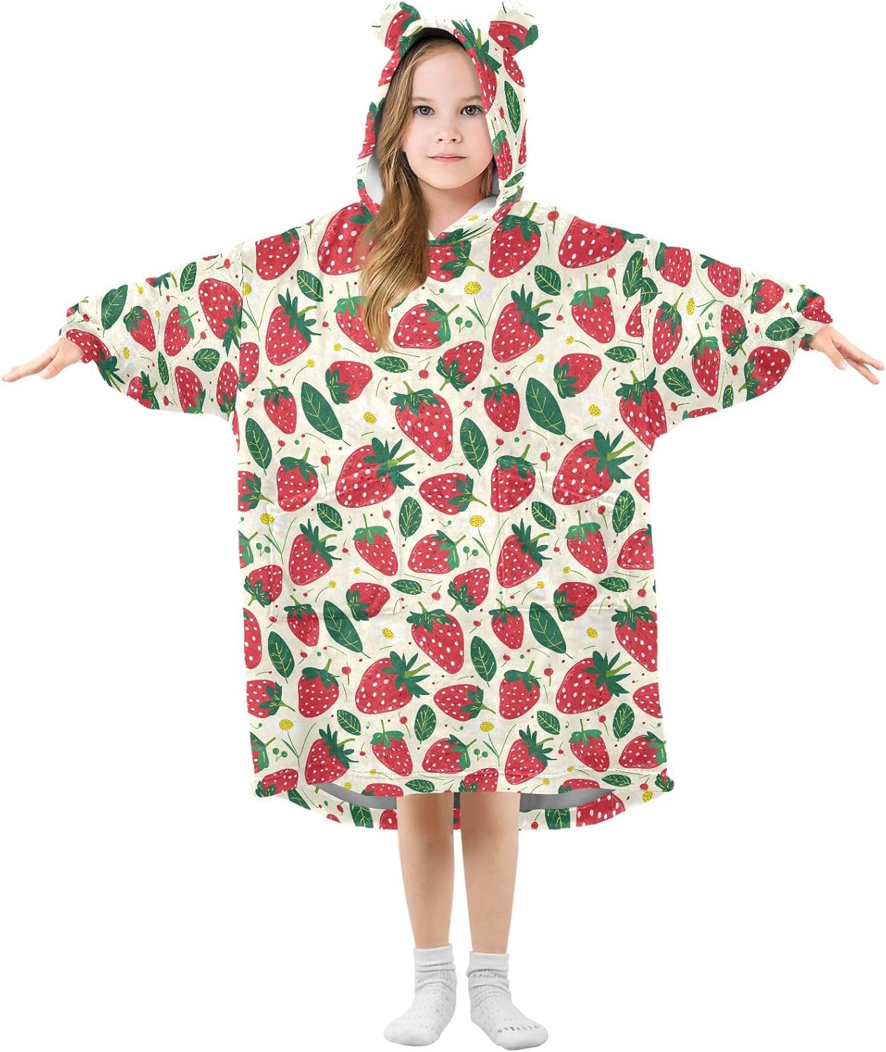 Fruit Strawberry Pattern Wearable Blankets for Kids, Soft Warm Cozy Blanket Hoodie for Boys Girls with Pocket