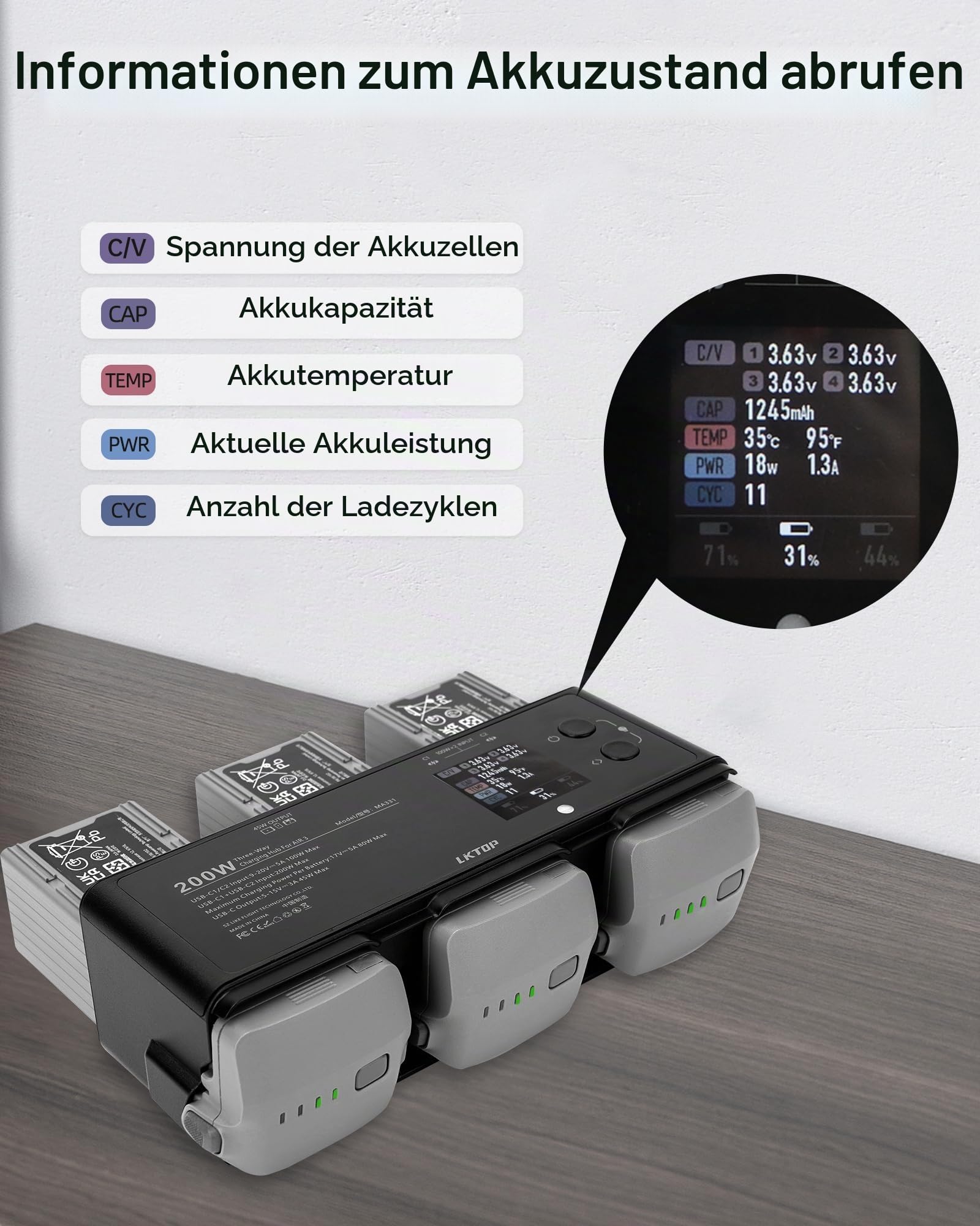 LKTOP 200W Air 3/Air 3S Akkuladestation Schnellladegerät Hub für DJI/Specta Air 3 Serie Drohne Akku Ladegerät, mit Batterie-Sammel/Balance/Schnellladung/Speicher/LED/Alarmmodus, LED-Anzeigebildschirm