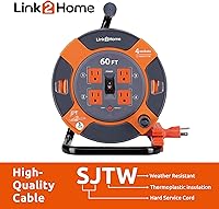 Vista 2 de Link2Home Carrete de cable de extensión de 60 pies, 4 tomas de corriente, cable SJTW de 14 AWG, cable de alimentación resistente de alta visibilidad.