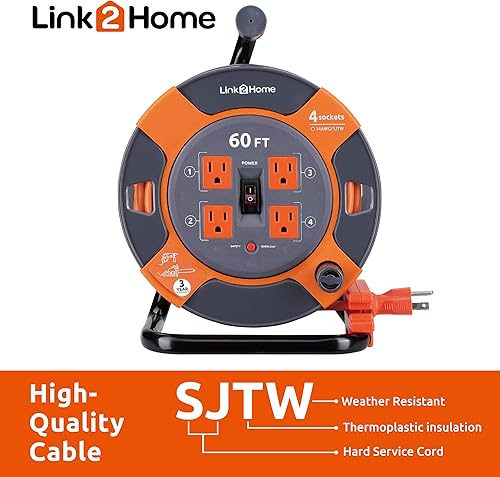 Miniatura 2 de Link2Home Carrete de cable de extensión de 60 pies, 4 tomas de corriente, cable SJTW de 14 AWG, cable de alimentación resistente de alta visibilidad.