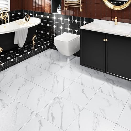 Miniatura 2 de WESTICK Azulejos de suelo blancos para despegar y pegar, 20 azulejos de mármol para despegar y pegar, impermeables, suelos de vinilo autoadhesivos
