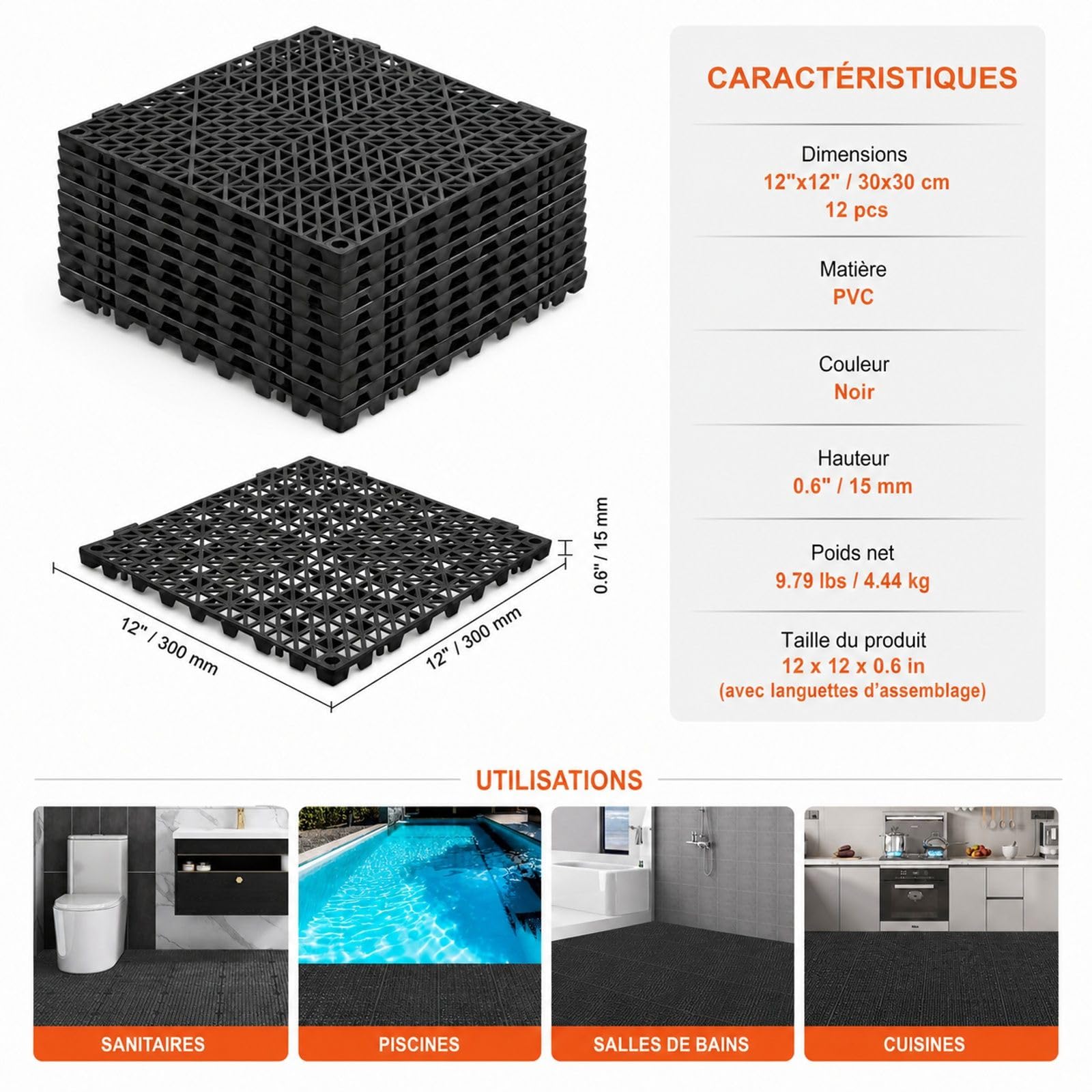 Lot de 12 dalles de sol en PVC noir, dalles clipsables ajourées pour jardin, piscine, terrasse, cuisine et salle de bain