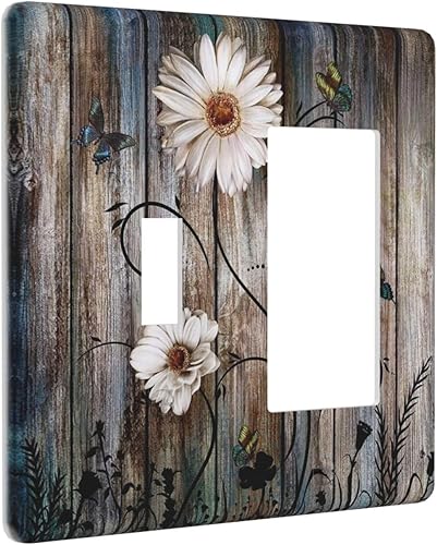 Cubierta de interruptor de luz basculante de palanca de 2 bandas con textura de tablón rústico, diseño floral de mariposa y margarita, estilo