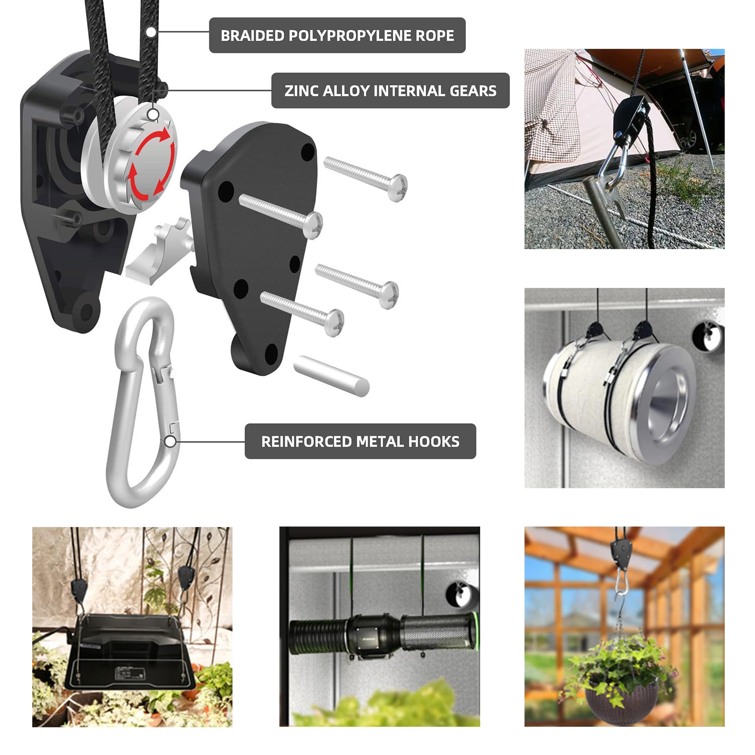 YSOOUA Trinquete De Cuerda 4 Piezas Rope Ratchet Cuerda Trinquete para Jardinería Jardín Cultivar Hidropónica Colgar Reflectores Filtros de Carbón LED Lampe (4 Piezas)