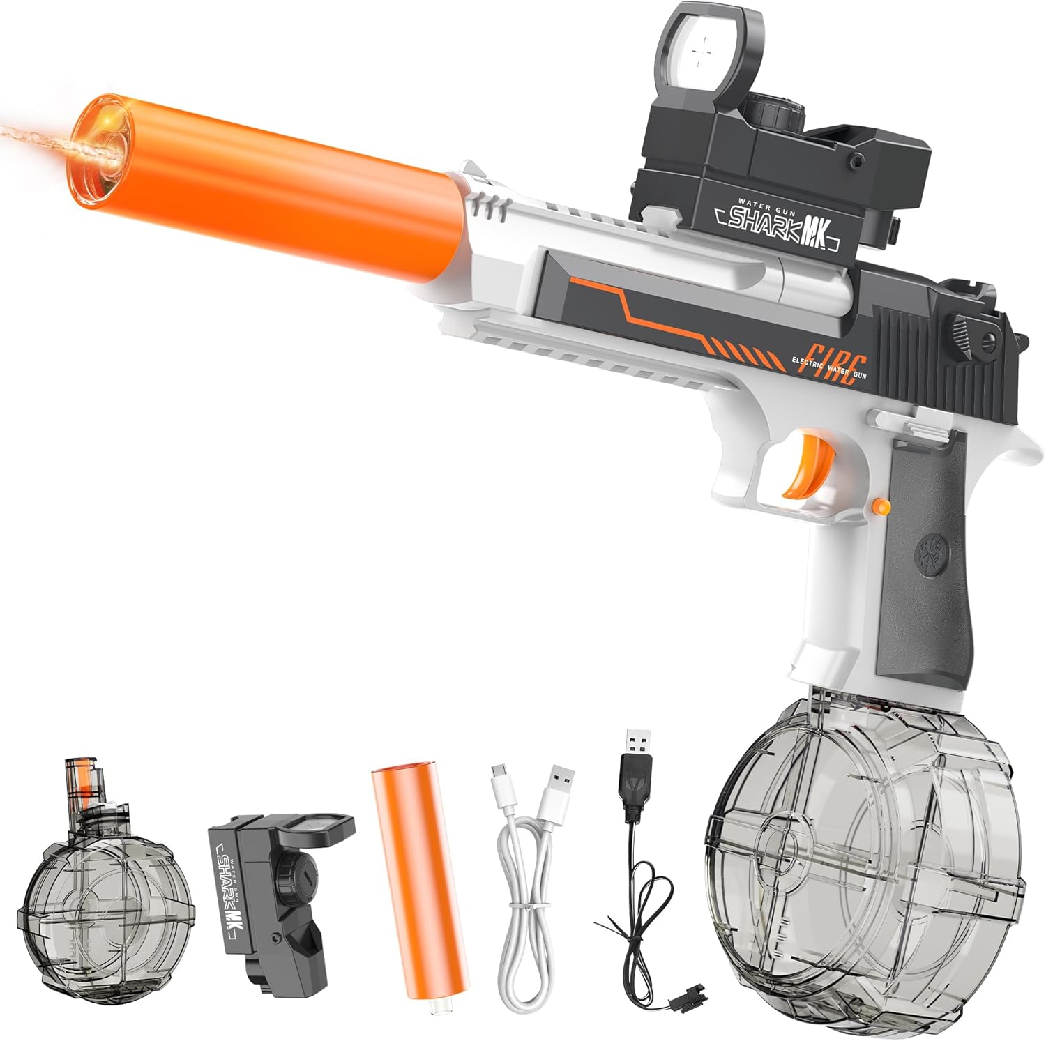 Automatic Electric Water Gun with Muzzle Flash,Powerful Squirt Guns Pistol for Adults Kids, Auto Water Blaster Pistol Outdoor Summer Toys for Pool Beach Party (Grayish-White)