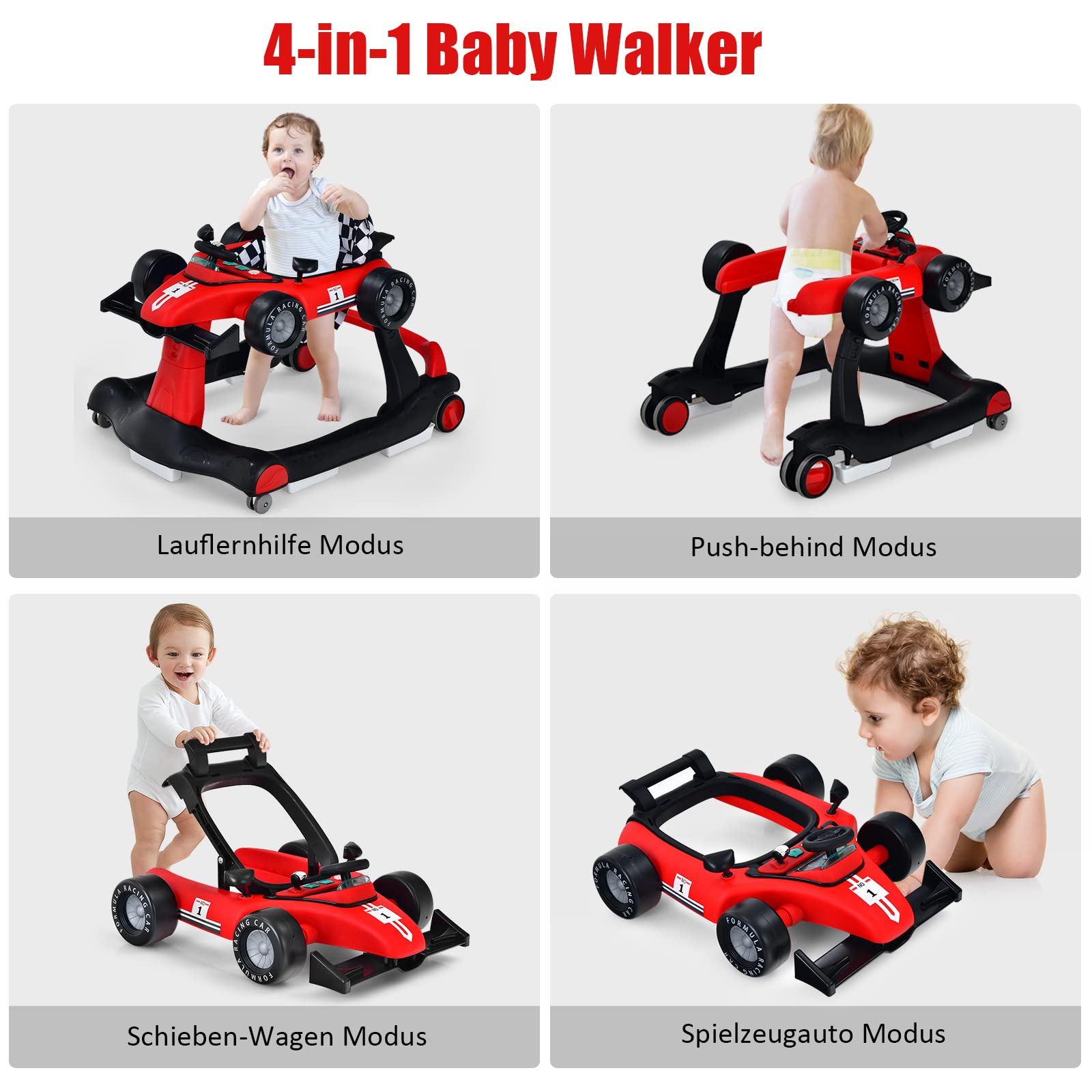 DREAMADE Lauflernhilfe, 4 in 1 Autoförmiger Lauflernwagen mit einstellbarer Geschwindigkeit, Musik & Licht, Babywalker Höhenverstellbar & Klappbar, Gehfrei Baby ab 6 Monate (Rot)