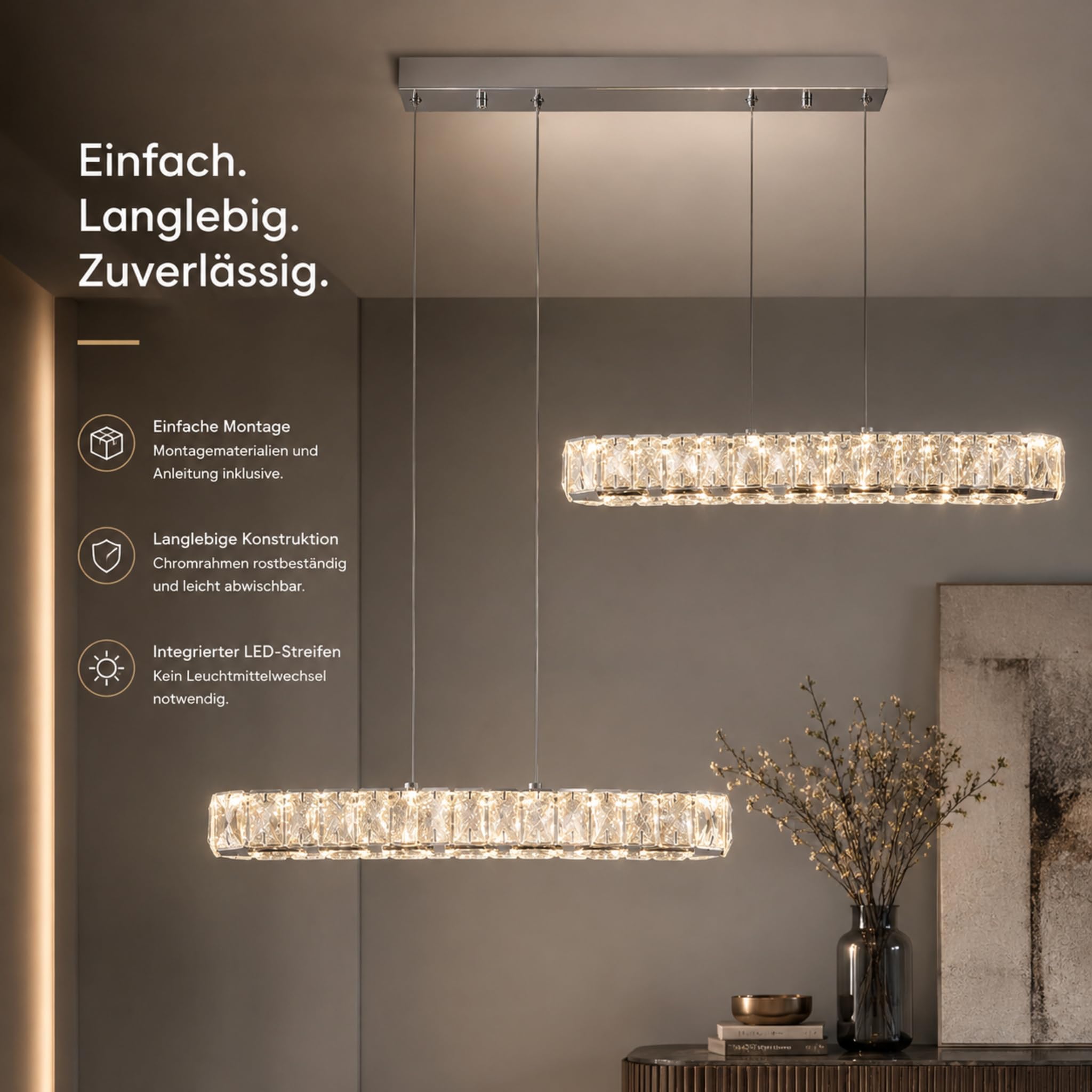 Doppel Linear Kristall LED Pendelleuchte 80cm Esstisch Höhenverstellbar | 3 Lichtfarben Hängeleuchte Kücheninsel Schlafzimmer Wohnzimmer Küche