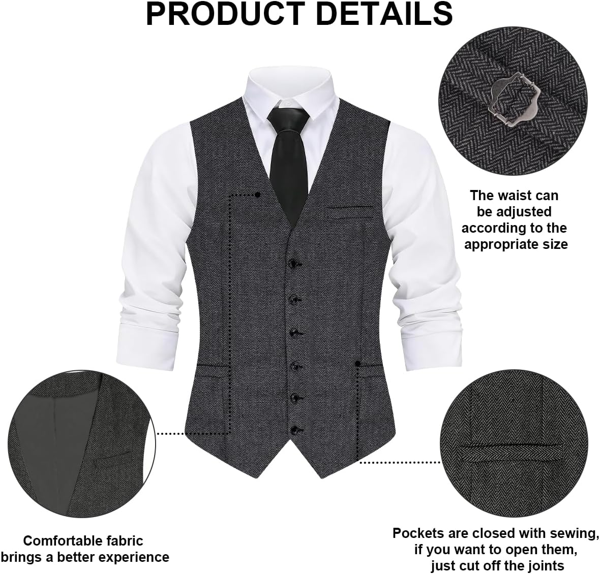 1920s Mens Costume, Roaring 20s Costumes Accessories Set Vest Foldable Crutches Fedora Hat Pocket Watch Tie - Image 2
