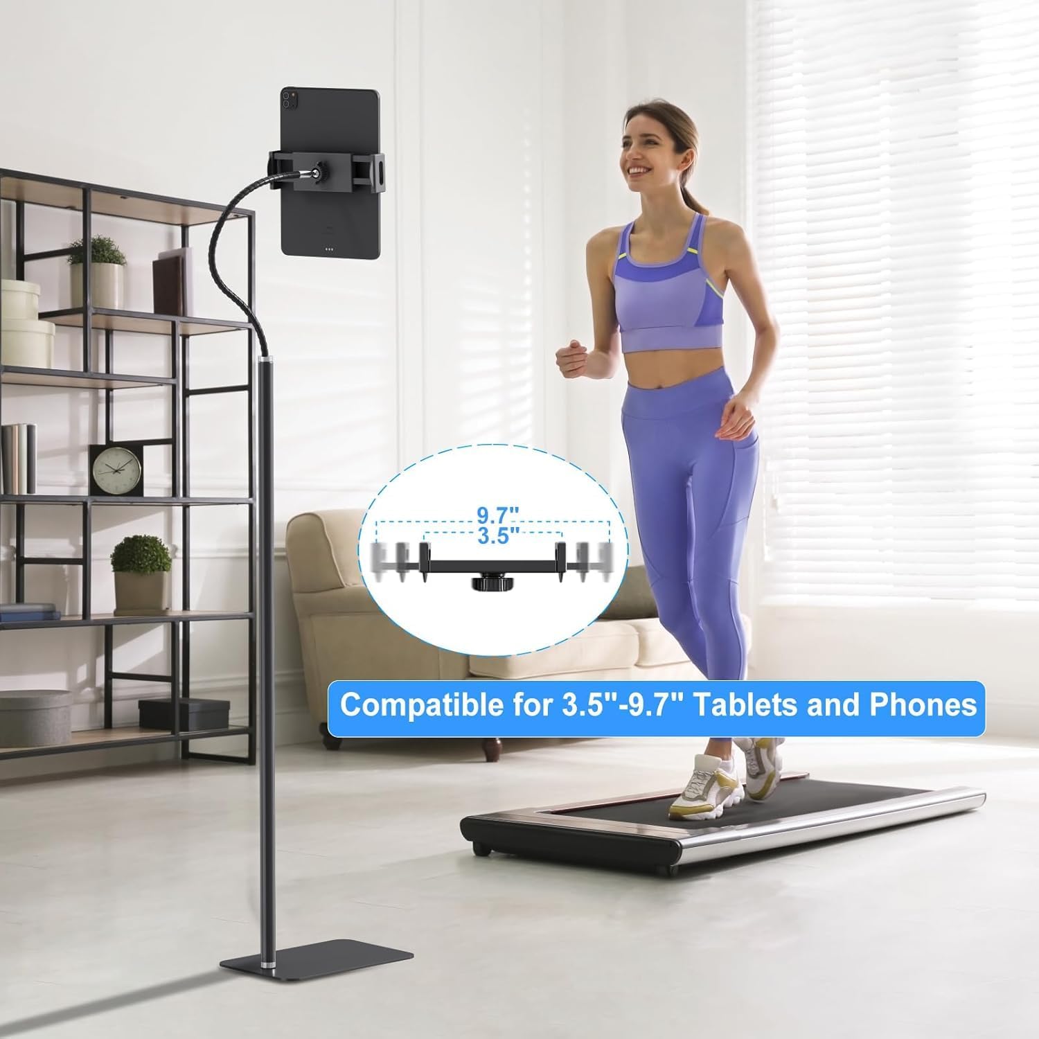 Tablet Floor Stand Holder with Flexible Gooseneck and Stable Base, Compatible with Tablet and Cell Phones (3.5''-9.7''), Black