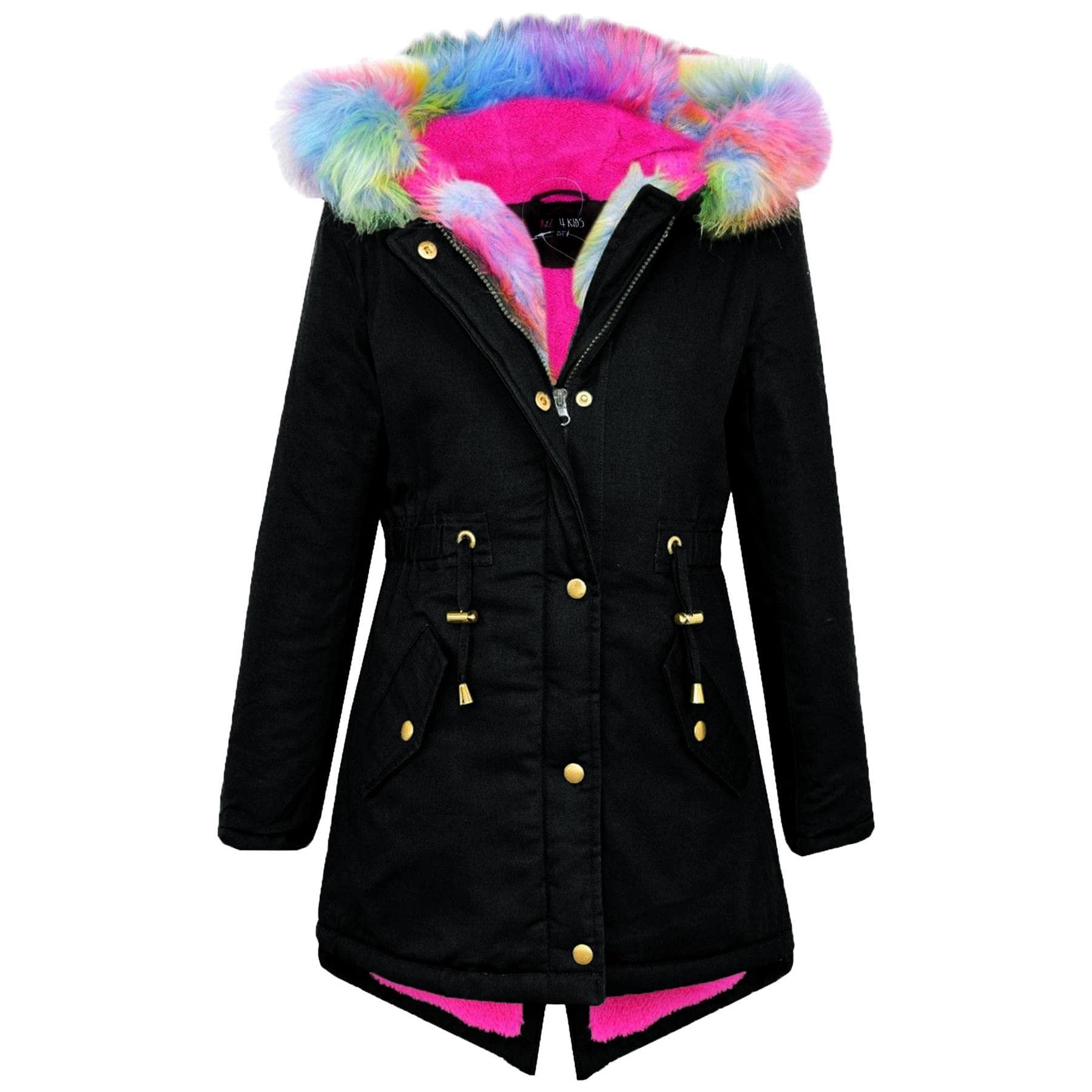 A2Z 4 Kids Dziewczęce dziewczęce designerskie kamuflażowe parka z kapturem ze sztucznego futra kurtki szkolne odzież wierzchnia płaszcze New Age 2 3 4 5 6 7 8 9 10 11 12 13 lat, Tęczowe futro, czarne,