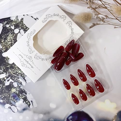 Miniatura 6 de Uñas postizas a presión rojas medianas de Navidad con forma de almendra, uñas postizas de gel acrílico de ajuste natural, uñas postizas
