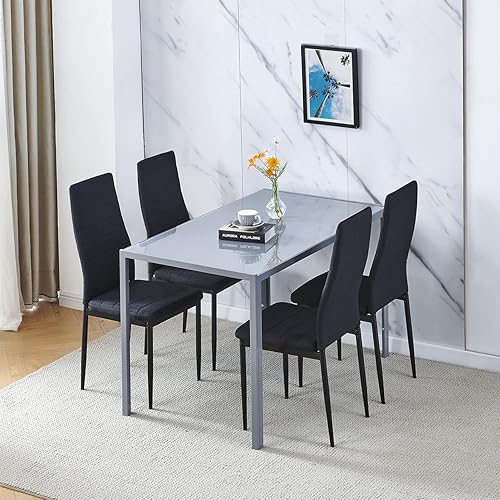 Juego de 4 mesas de comedor y sillas negras modernas de 5 piezas para cocina pequeña, mesa rectangular de vidrio templado y 4 sillas de terciopelo