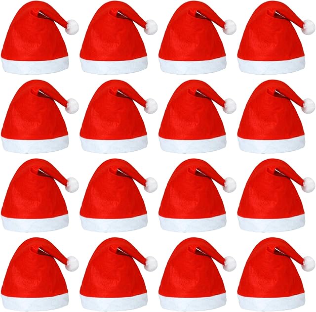 ELCOHO 20 Pack Santa Red Hat Short Plush with White Cuffs Non-Woven Fabric Christmas Hat Santa Hat for Adults (Red)