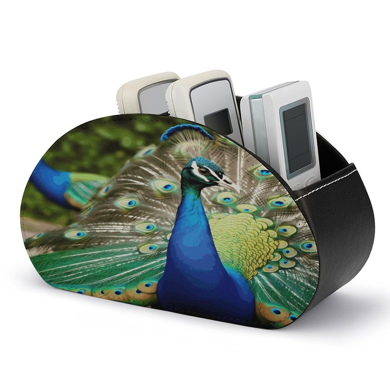 VstaDank Beautiful Peacock Remote Control Holder with 5 Compartments PU Leather Remote Caddy Desktop Organizer Store TV Remote Control Storage Box for Home Office Desk Nightstand