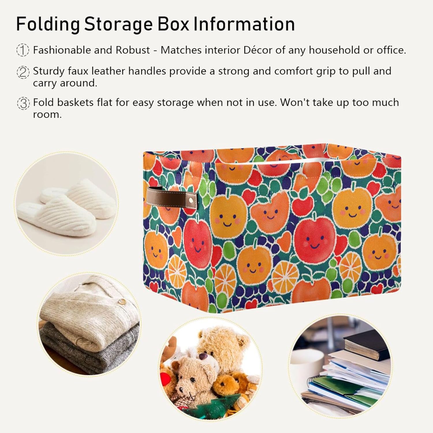 Foldable Storage Basket with Handles Smiling Fruits Pattern Fabric Kitchen Baskets Open Home Storage Bins Boxes Organizer Bag for Baby Cloth Pet Toy Book Shelf Closet Baskets 2 Pcs