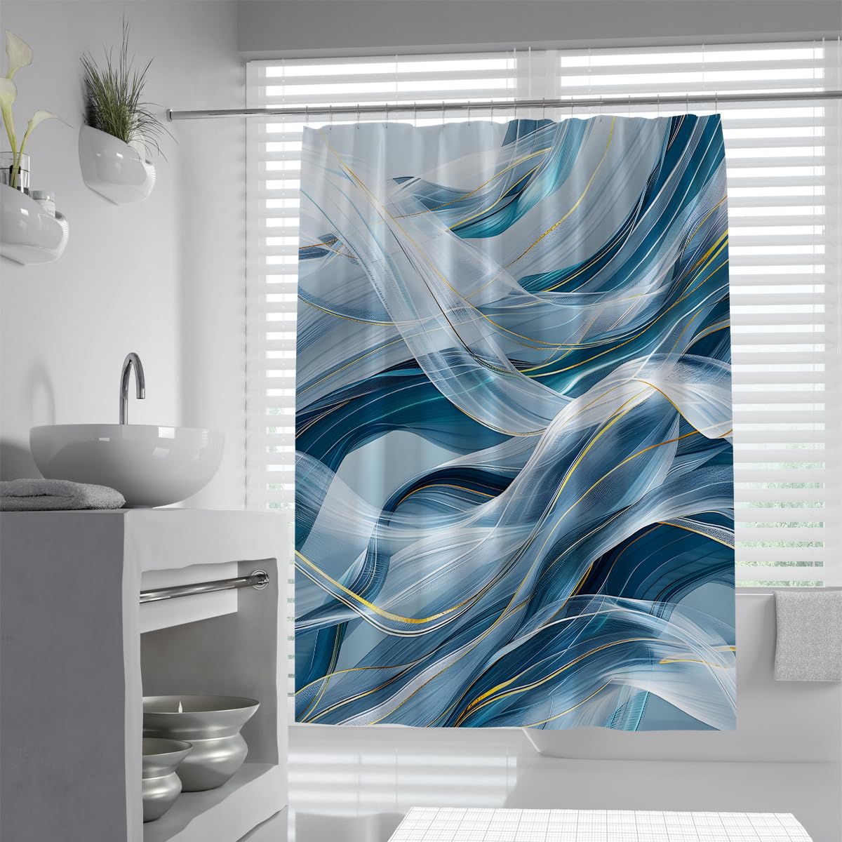 UIRINGART Contemporary Bathroom Wet Room Tub W120xL180cm Abstract Navy Teal Blue Grey Wavy Swirl Ribbon Texture Yellow Lines Pattern Quick Drying Polyester Fabric Shower Curtain With Hooks