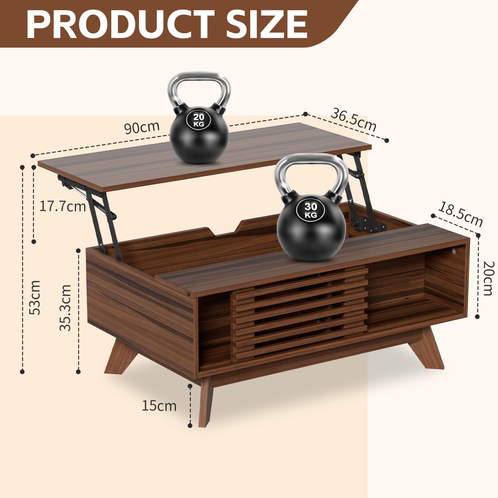 MSFE Table Basse Relevable, Table de Salon avec Plateau Relevable Multifonctionnelle, Tables Basse avec Rangement et Porte Coulissante,Tables Basses Mi-Century pour Salon, Bureau, Marron Vintage