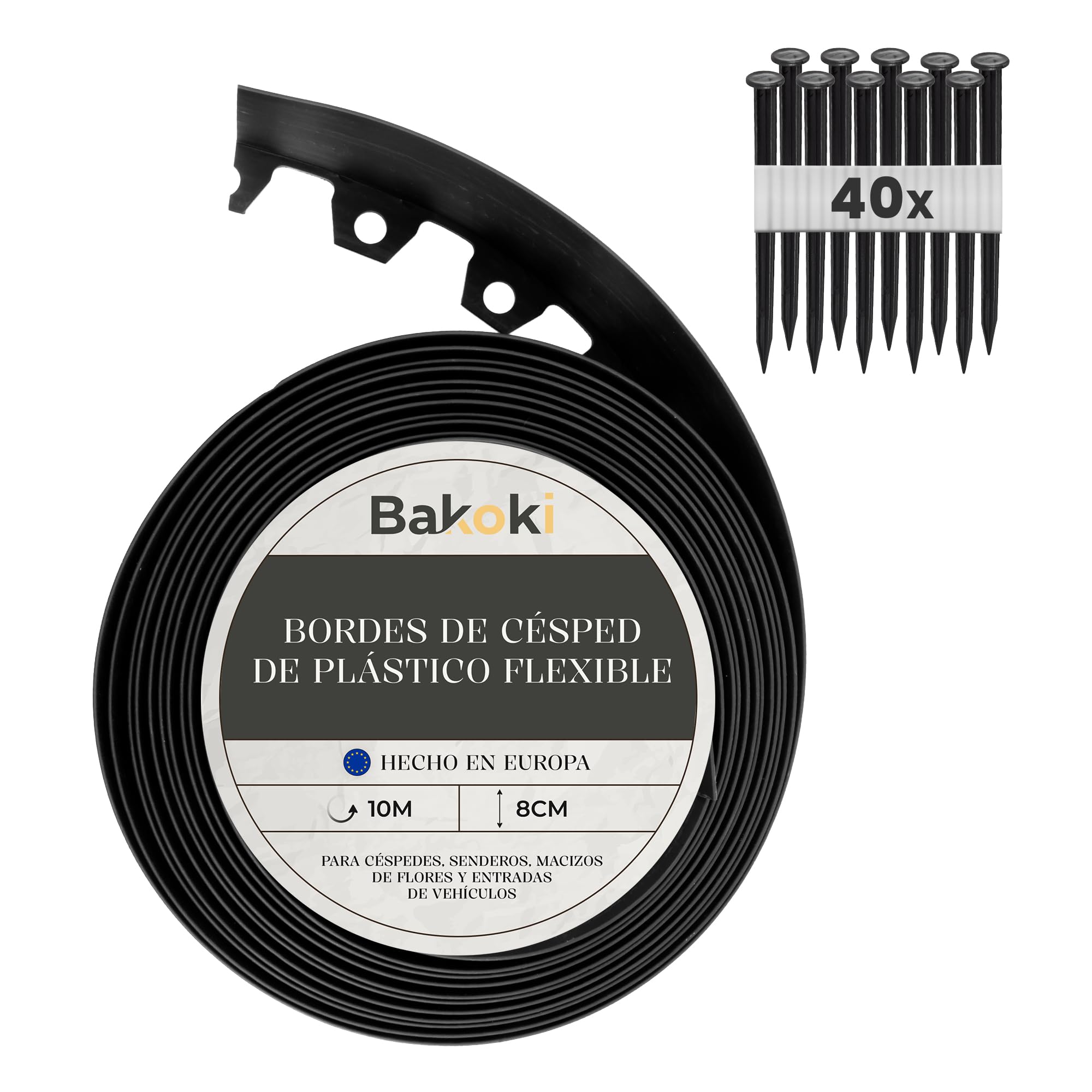 Borde Flexible para césped (10 m, 40 Anclajes de Tierra, 8 cm de Altura), de plástico Negro, Resistente a la Intemperie, Borde Redondo, bordillo Redondo para césped, remate de Corte