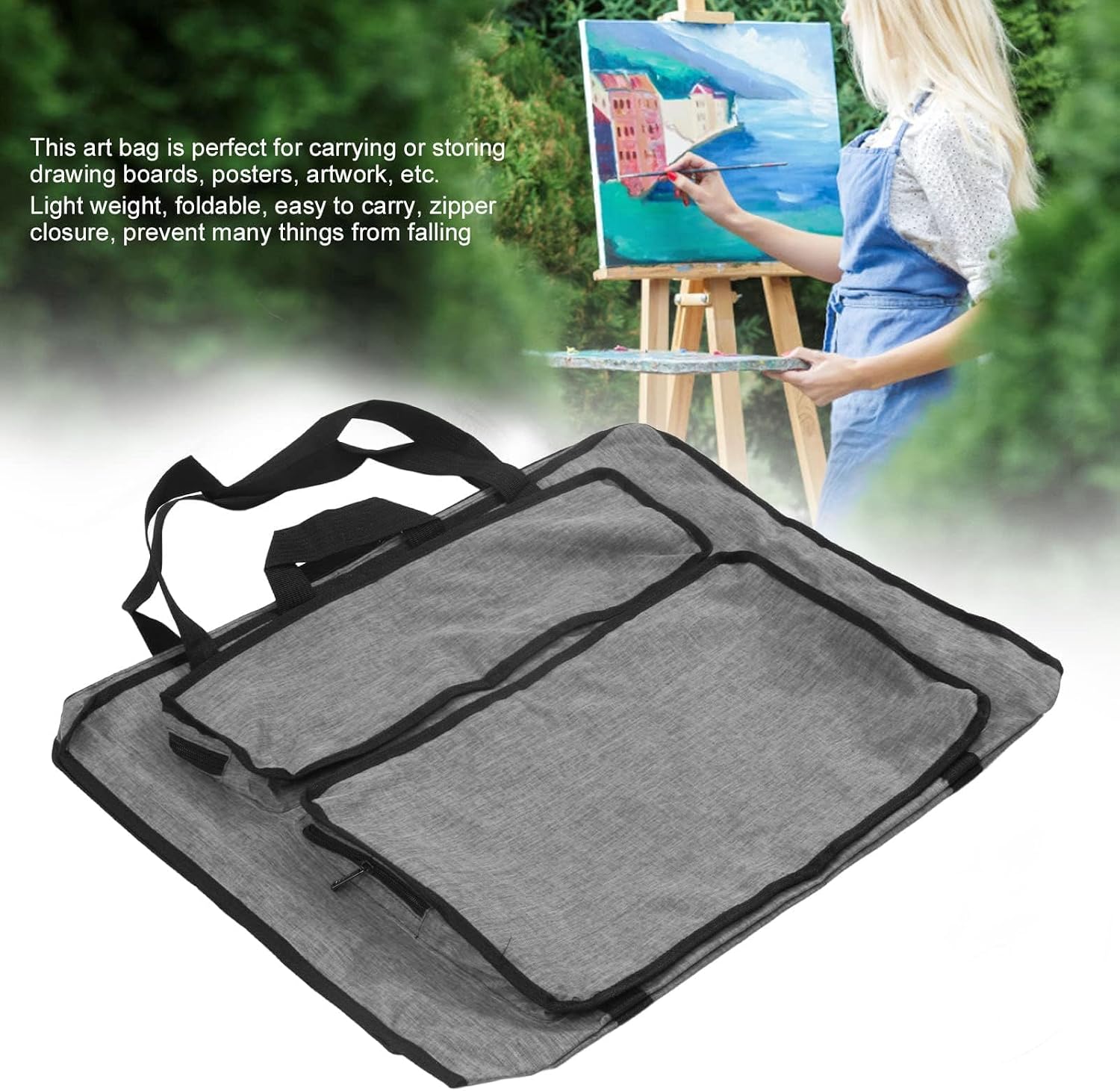 Art Portfolio Tote Bag, Foldable Canvas Artist Sketch Portfolio Case Black Carrying Storage Case for Sketching, And Drawing, Art Supplies, 38.5 x 52.5 x 7cm (Gray) image 3
